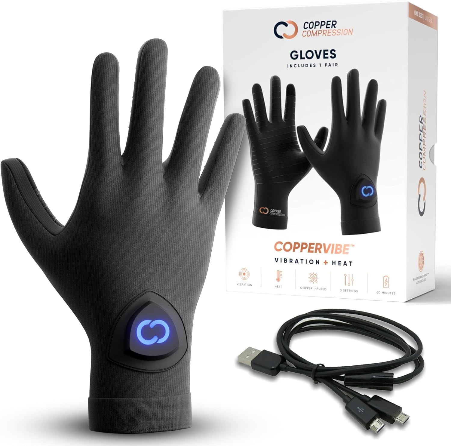 Copper Compression CopperVibe Vibration & Heat Gloves - Heated Hand Massage - FSA Flexible Spending Account