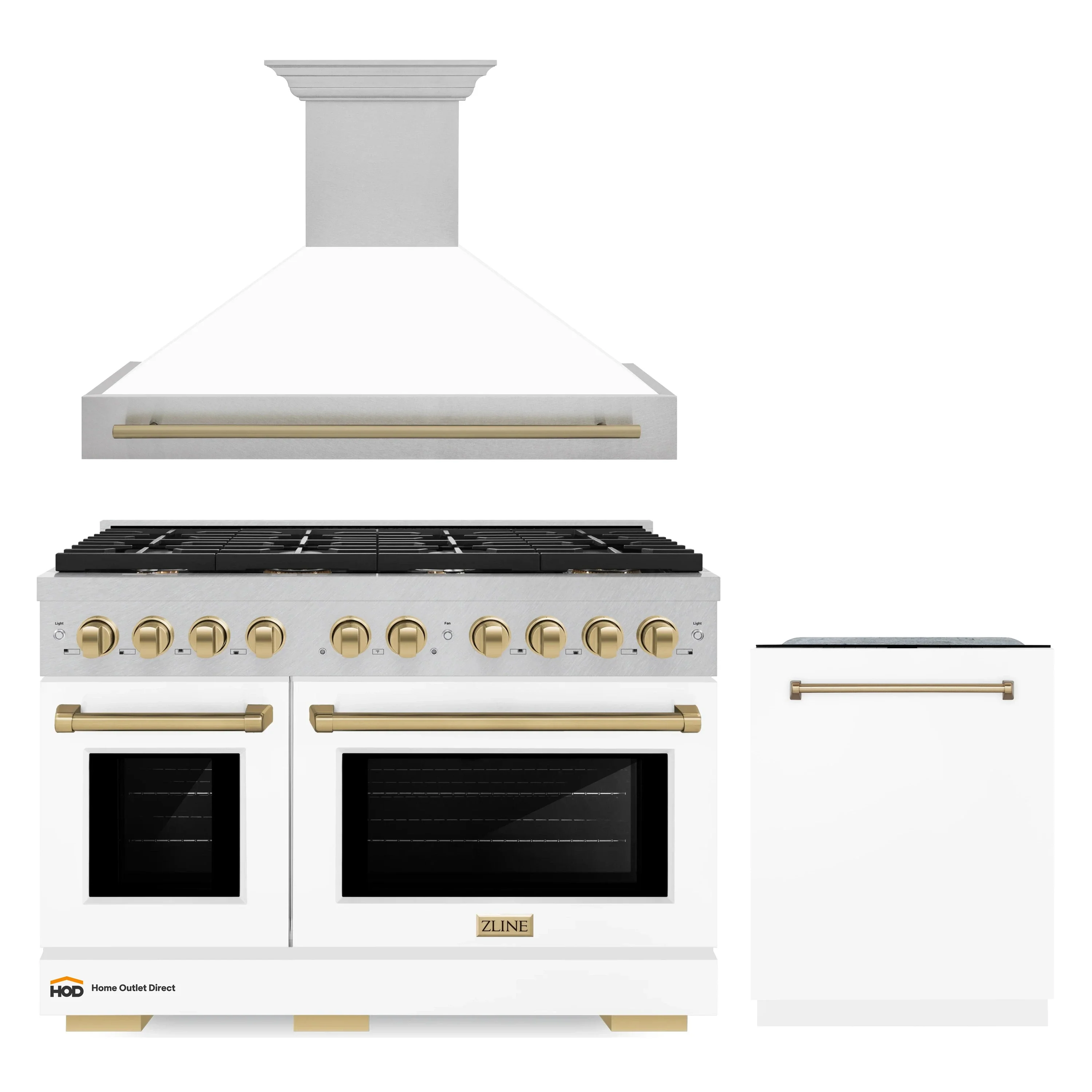 ZLINE 48-Inch Autograph Edition Kitchen Package with Satin Stainless Steel Gas Range, Wall Mount Range Hood and Dishwasher in White Matte and Champagne Bronze Accents (3AKPR-SGRSWMRHDWM48-CB)
