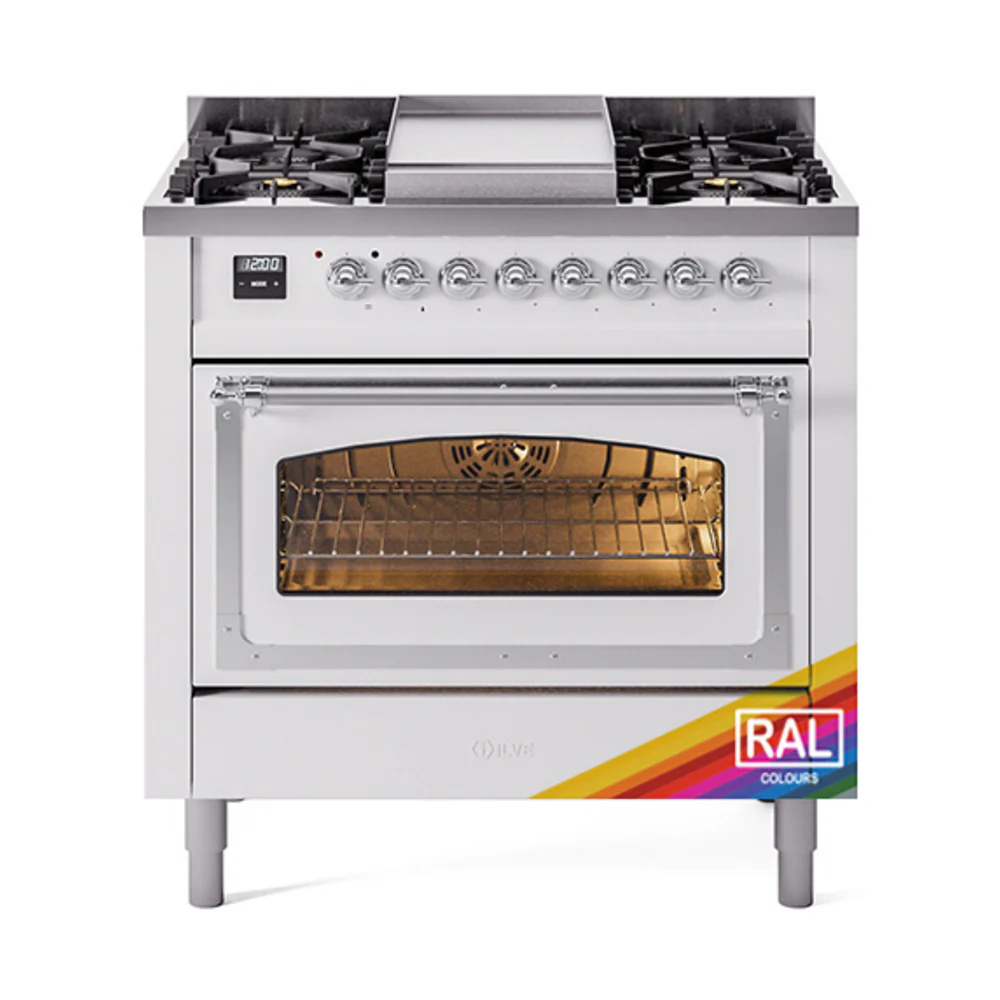 ILVE Nostalgie II Noblesse 36-Inch Dual Fuel Range and Triple Glass Door in Custom RAL with Chrome Trim (UN36FNMPRAC)
