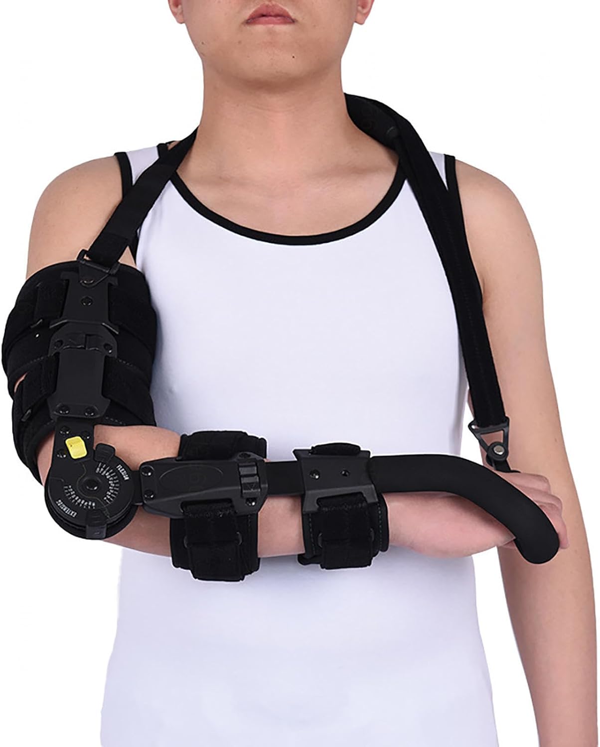 Hinged Telescoping Elbow Brace Adjustable ROM Post Op Arm Splint Removable Hand Grip & Shoulder Strap Surgery Injury Recovery Pain Relief Men & Women(Right)