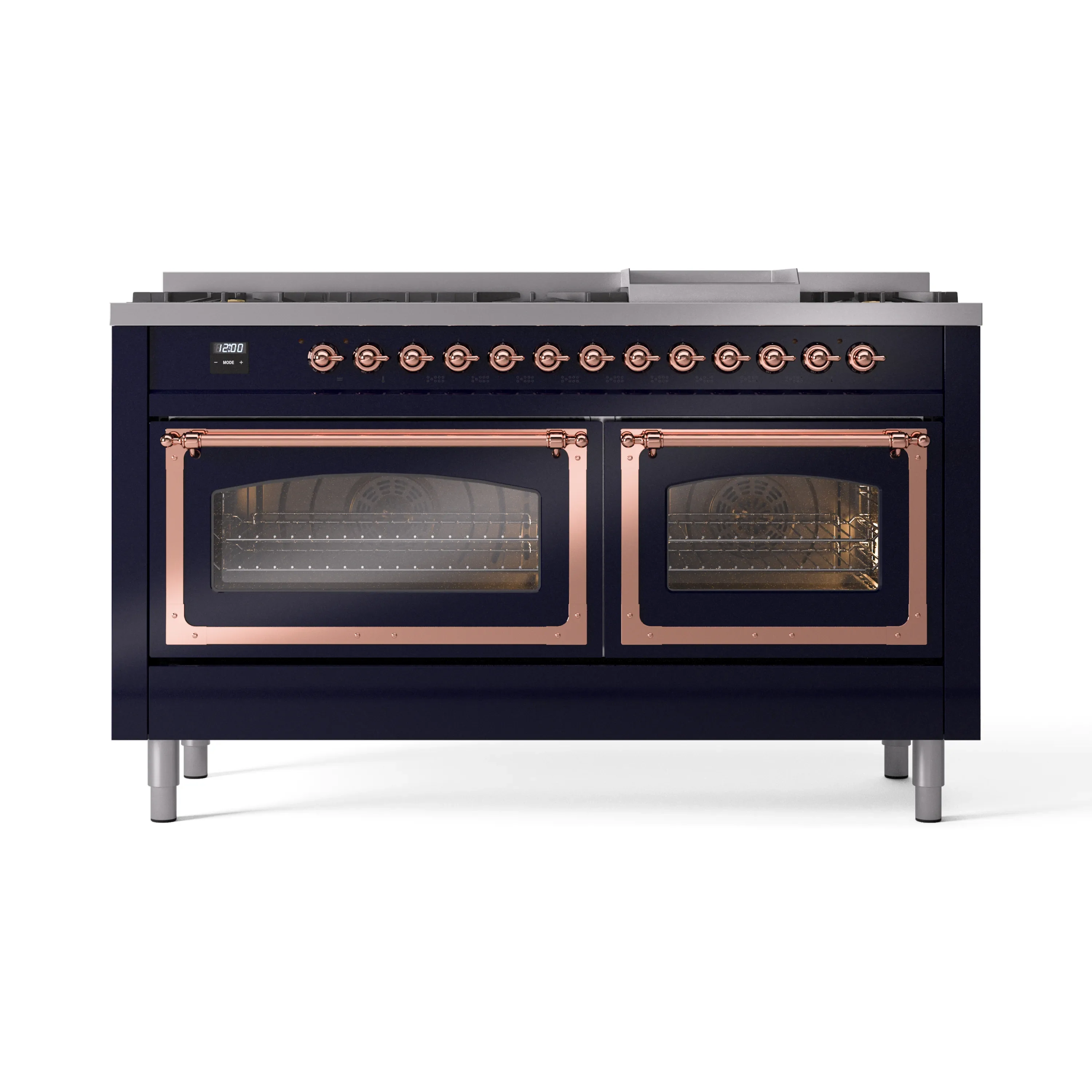 ILVE 60-Inch Nostalgie II Noblesse Dual Fuel Range with 9 Sealed Burners, Griddle, Triple Glass Door Oven in Midnight Blue with Copper Trim (UN60FNMPMBP)
