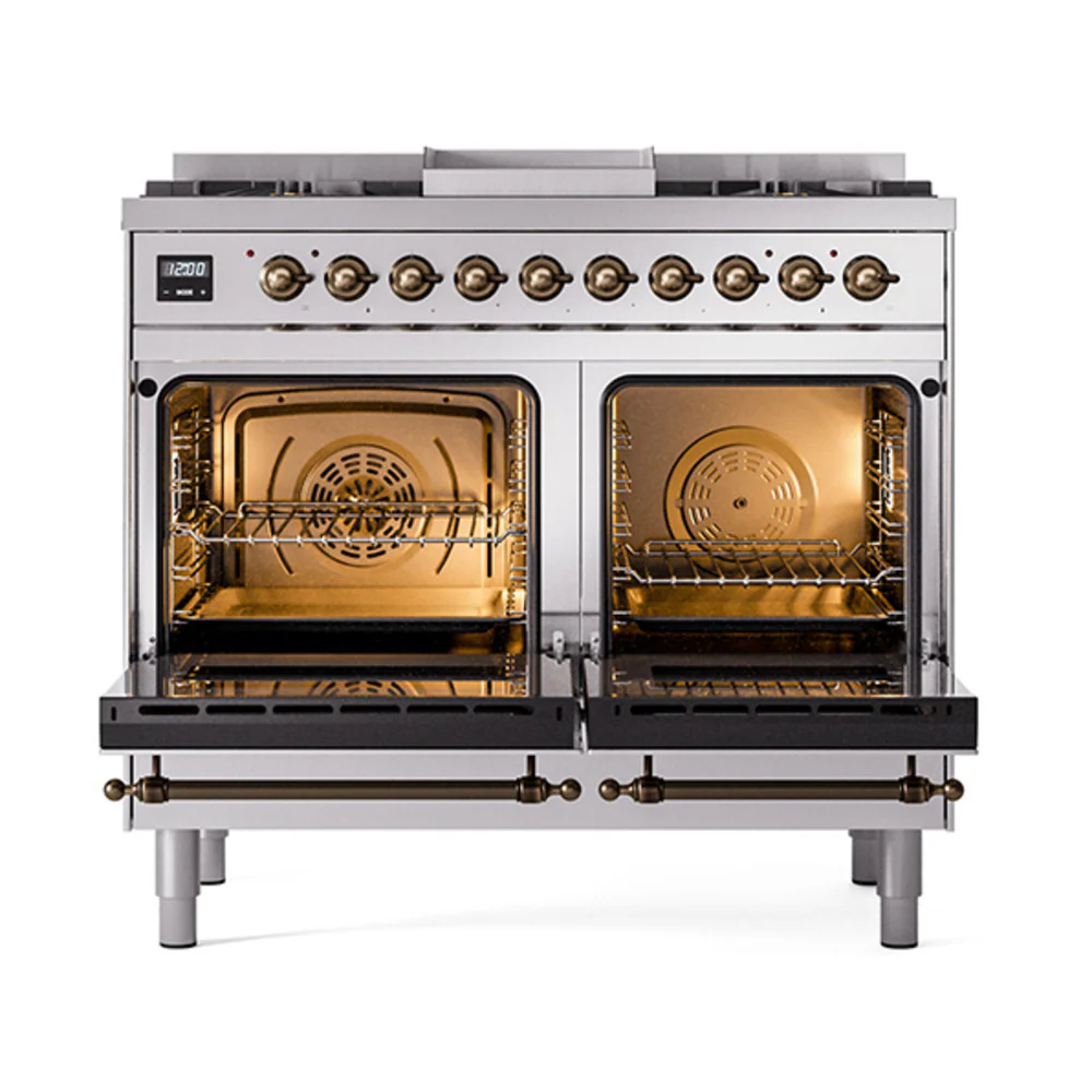 ILVE 40-Inch Nostalgie II Dual Fuel Range with 6 Burners, Griddle and Solid Door Oven in Stainless Steel with Bronze Trim(UPD40FQNMPSSB)