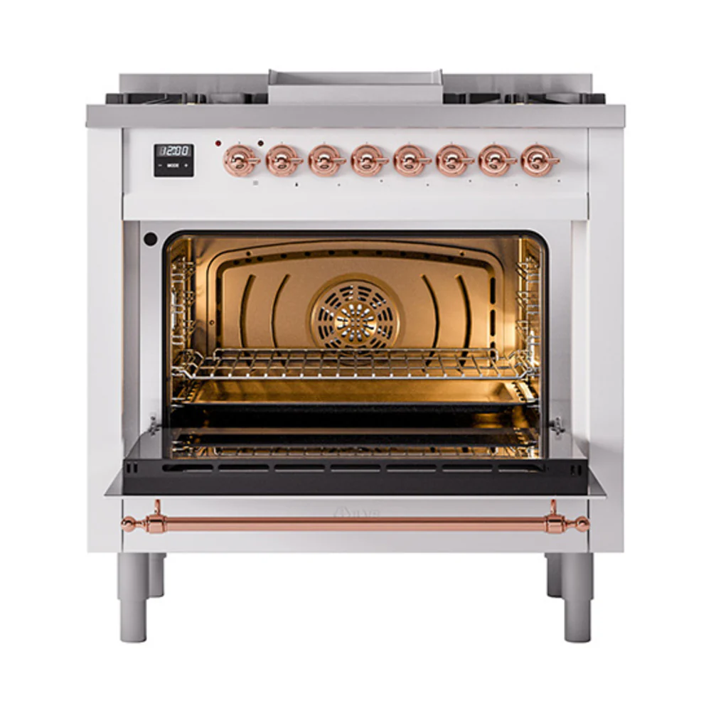 ILVE 36-Inch Nostalgie II Dual Fuel Range with 6 Burners and Solid Door Oven in White with Copper Trim (UP36FQNMPWHP)