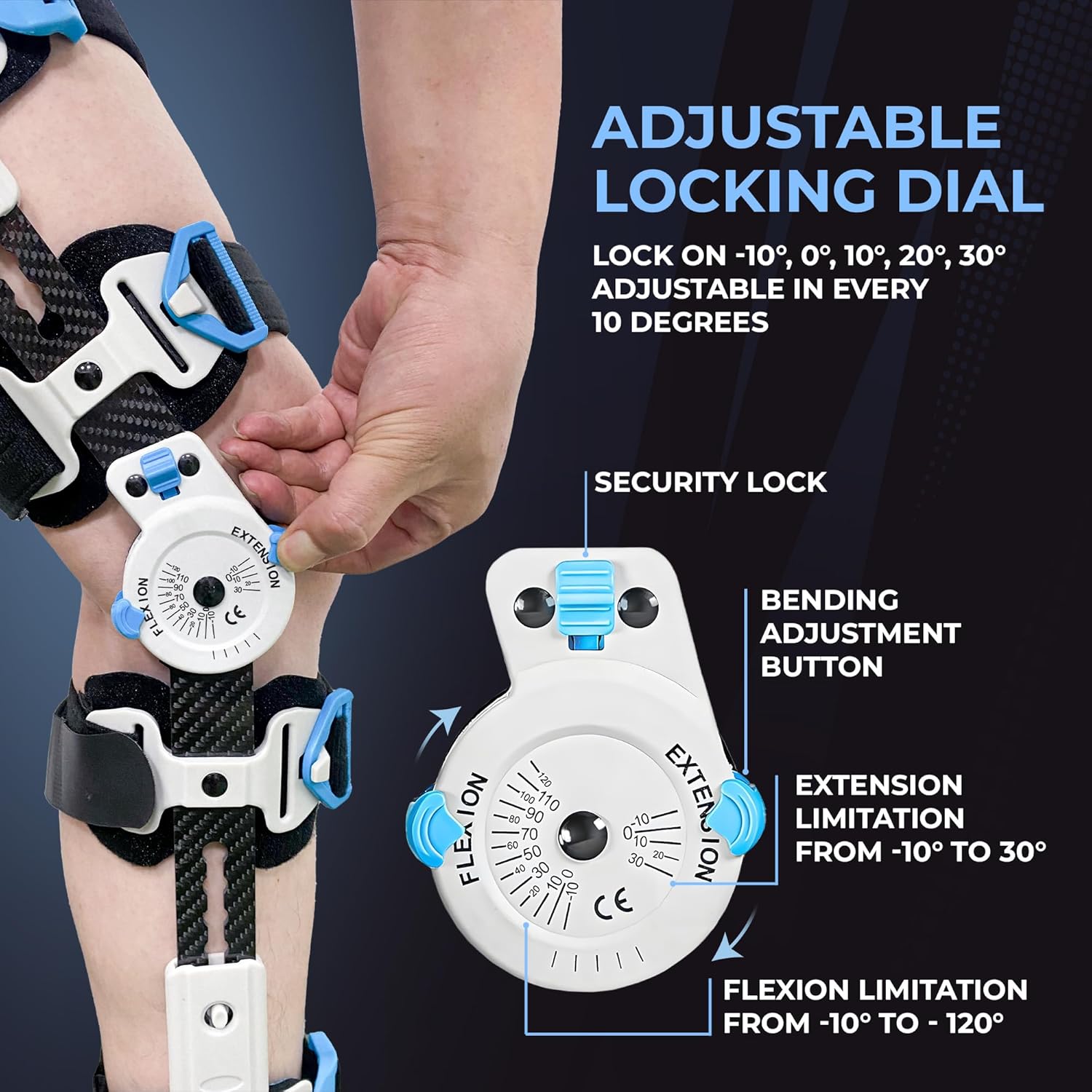 Z ONE Z1 K10 Eco Hinged ROM Knee Brace - Carbon Fiber Post Op Knee Immobilizer Lightweight Adjustable Leg Braces Medical Orthopedic Support for ACL, PCL, MCL Injury & After Surgery for Women & Men