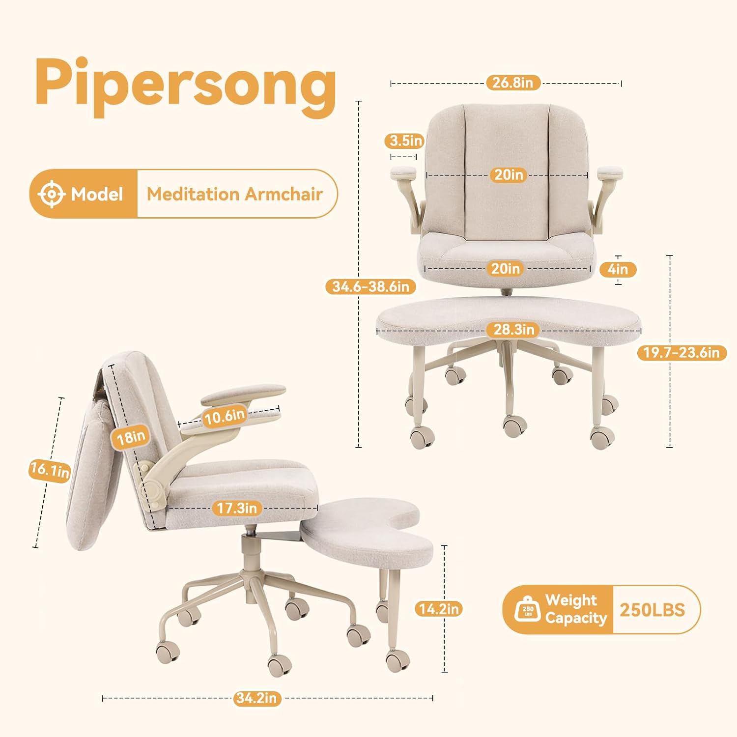 Pipersong Meditation Cross Legged Armchair, ADHD Chair with Adjustable Armrests, Criss Cross Desk Chair with Flexible Back Cushion, Swivel Footrest, Arm Support and Wheels for Home Office, Black