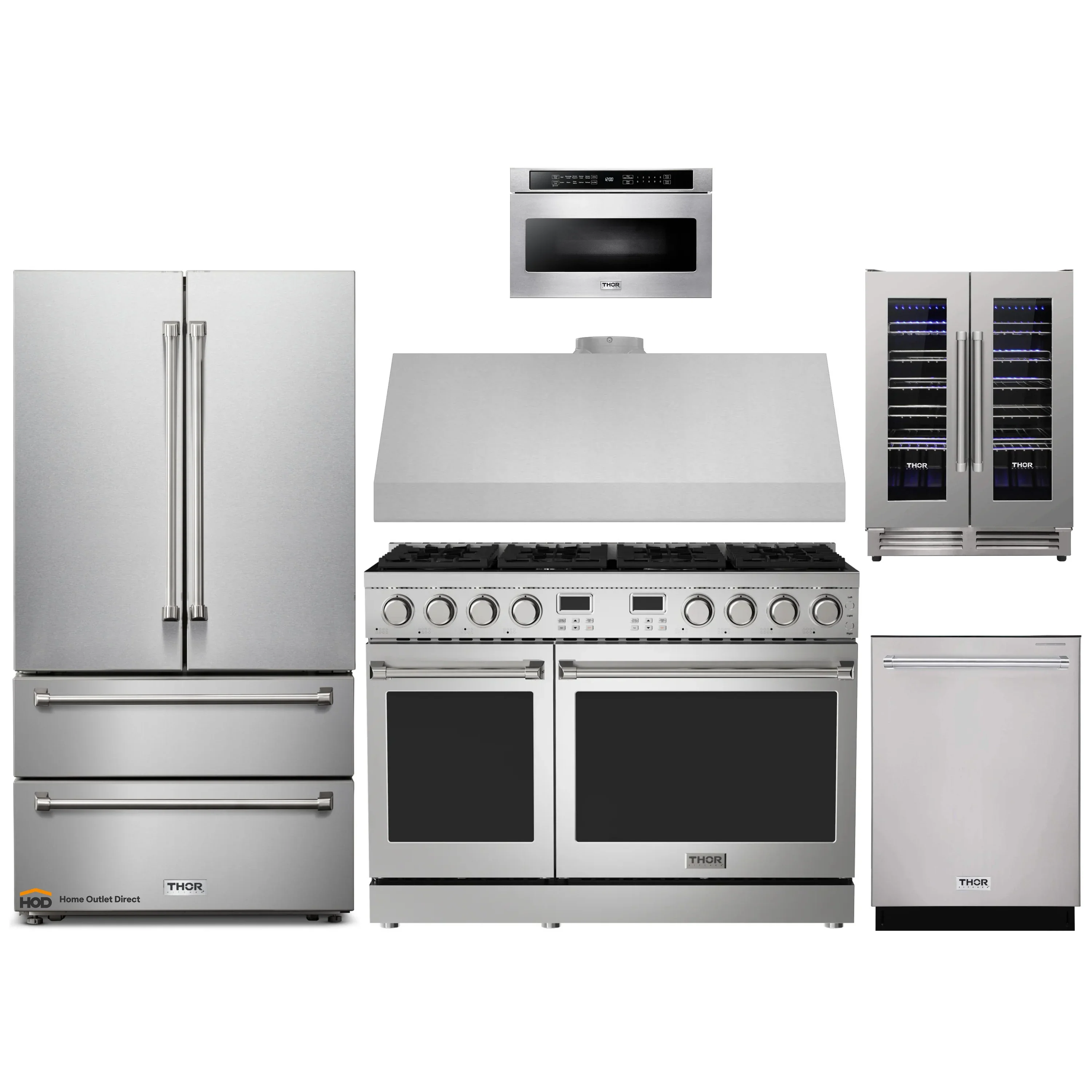 Thor Kitchen A-Series 6-Piece Appliance Package - 48-Inch Gas Range, Under Cabinet Range Hood, Refrigerator, Dishwasher, Microwave, and Wine Cooler in Stainless Steel