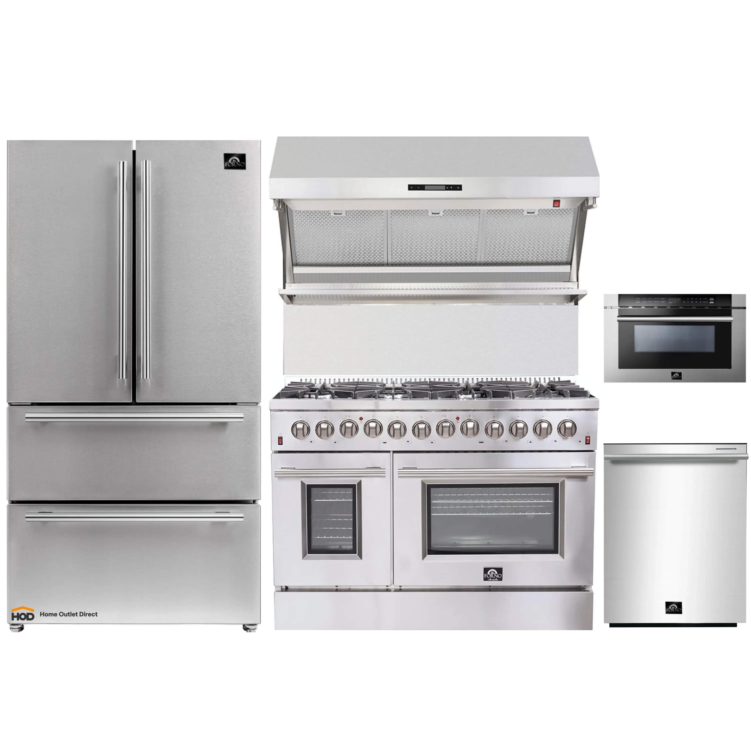 Forno 5-Piece Appliance Package - 48-Inch Dual Fuel Range, Refrigerator, Wall Mount Hood with Backsplash, 24-Inch Microwave Drawer, & 3-Rack Dishwasher in Stainless Steel
