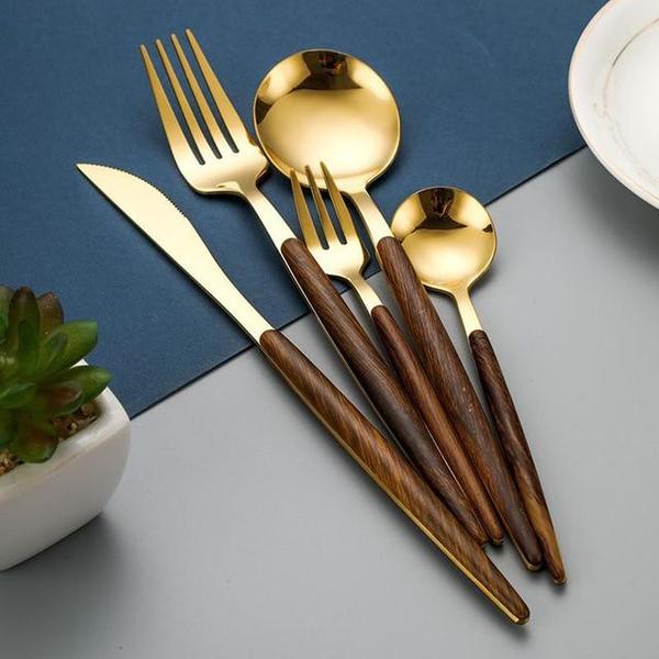 Modern Gold and Wood Cutlery Set