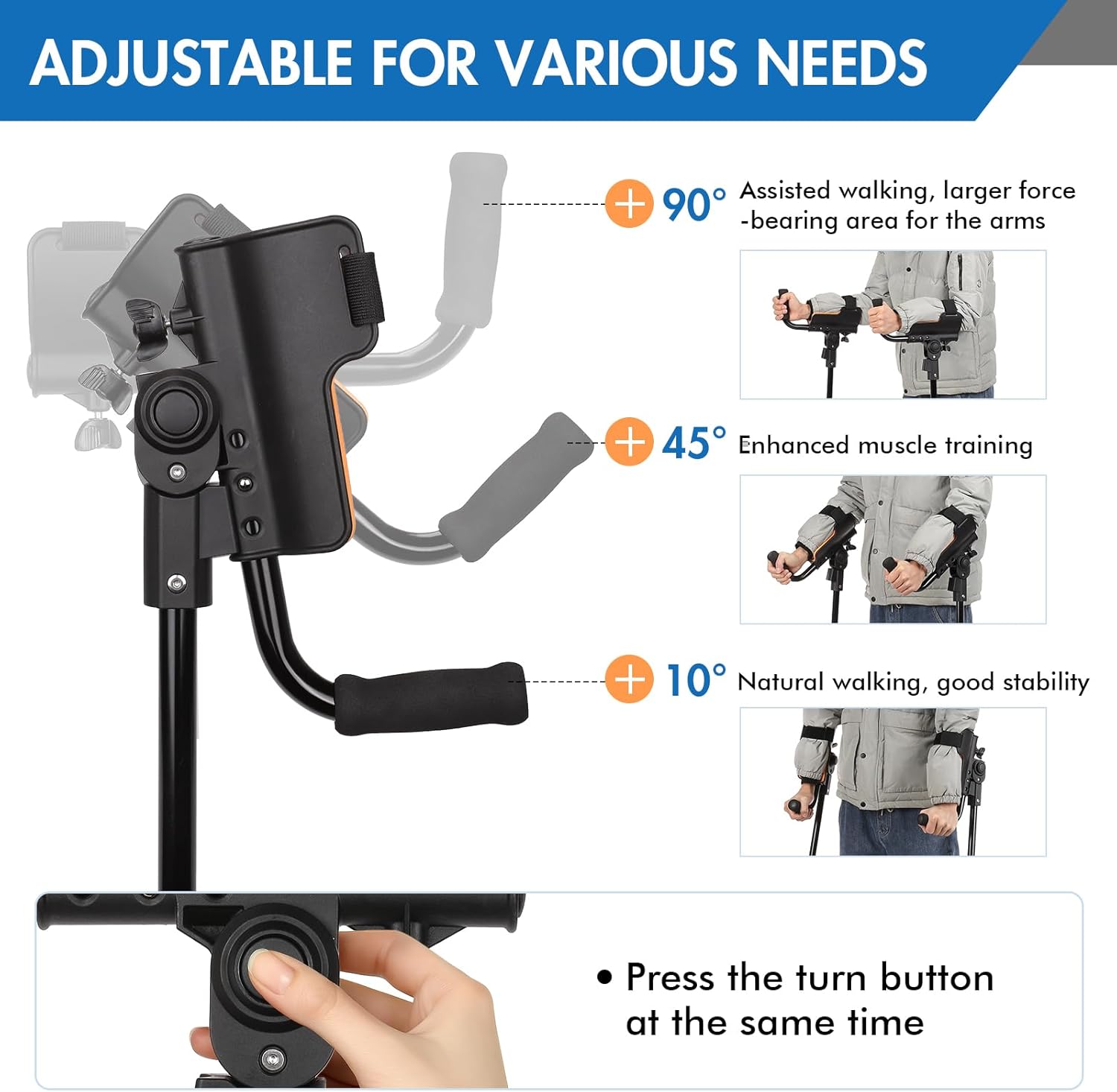 3-Angle Adjustable Forearm Crutches for Adults - Ergonomic Non-Slip Handles with EVA Elbow Support, Foldable Arm Crutches Forearm for Leg Injury, Surgery Recovery, Disabled (1 Pair)