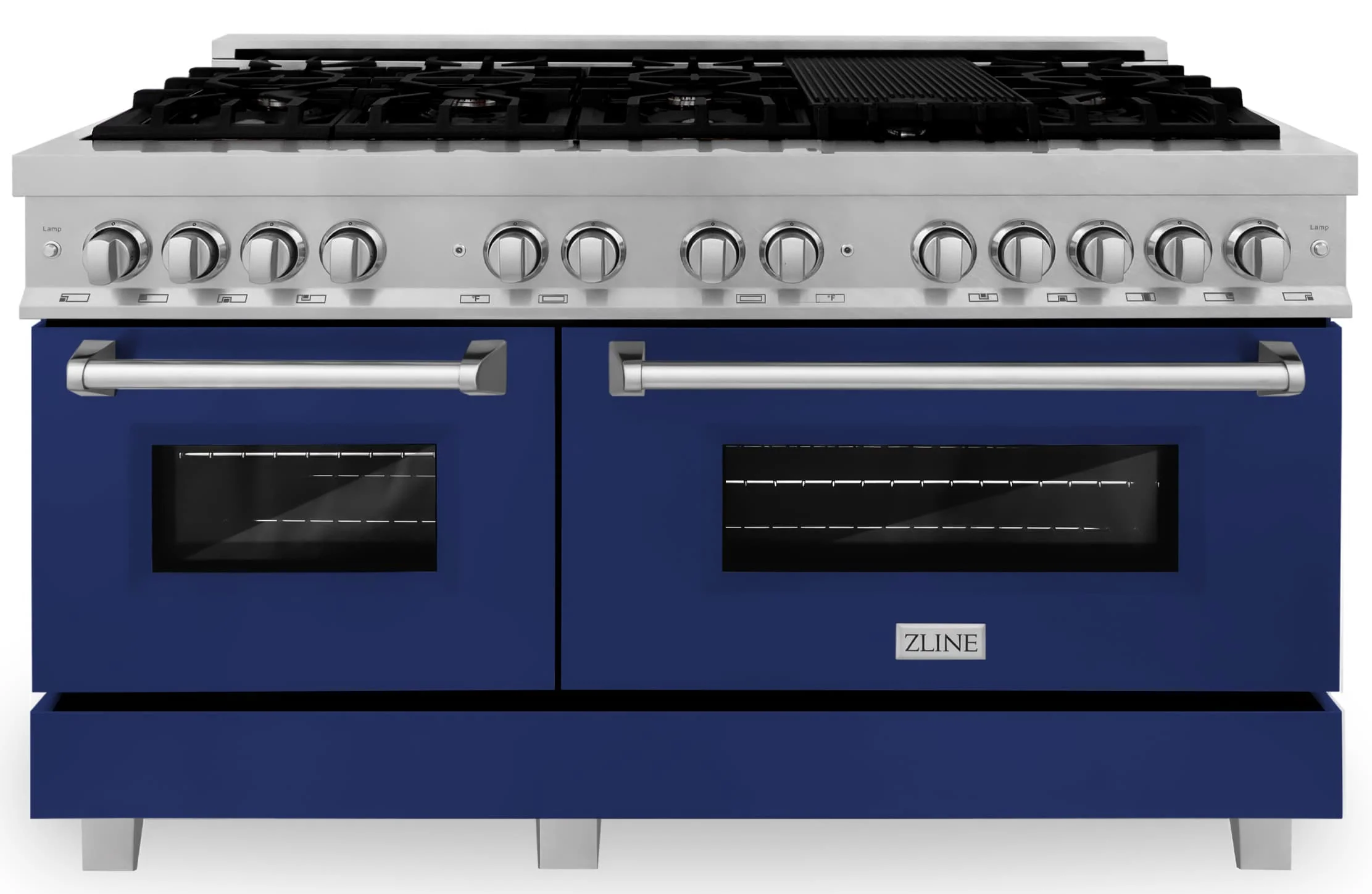 ZLINE 60-Inch 7.4 cu. ft. Dual Fuel Range with Gas Stove and Electric Oven in Satin Stainless Steel and Blue Gloss Doors (RAS-BG-60)