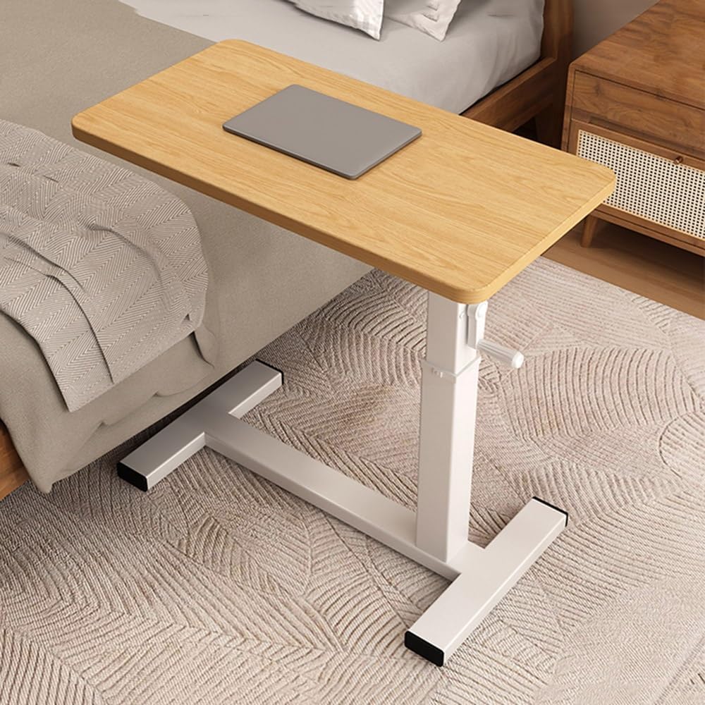 Laptop Desk Adjustable Height Overbed Table with Wheels Bed Table Mobile Standing Desk for Bed Sofa Bedside Tables(Wood Color+White Frame,80x40cm)