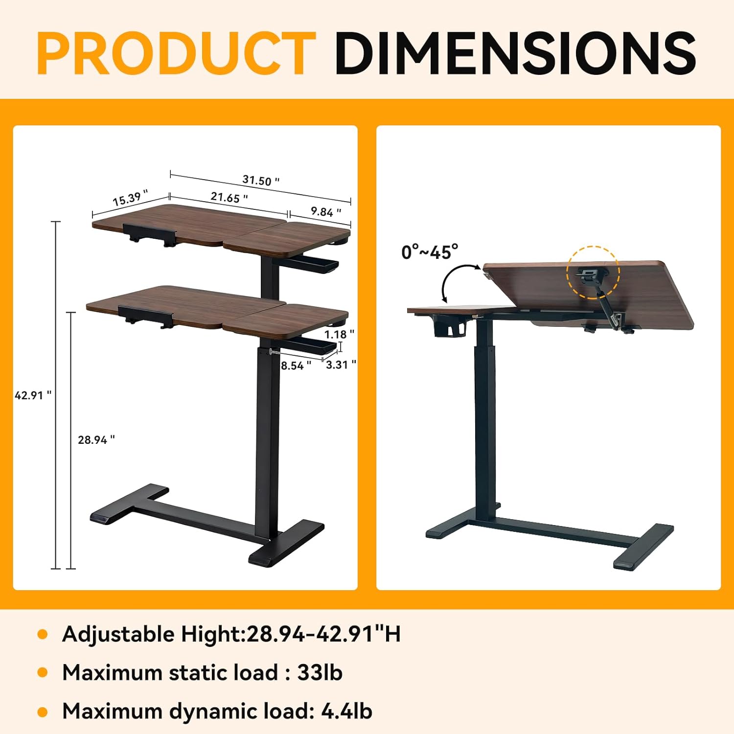 Overbed Bedside Table Adjustable with Wheels, Mobile Standing Stand Up Rolling Laptop PC Desks with Tilting Top Height Tray Side Computer Workstation for Bedroom on Hospital Home Use, Brown