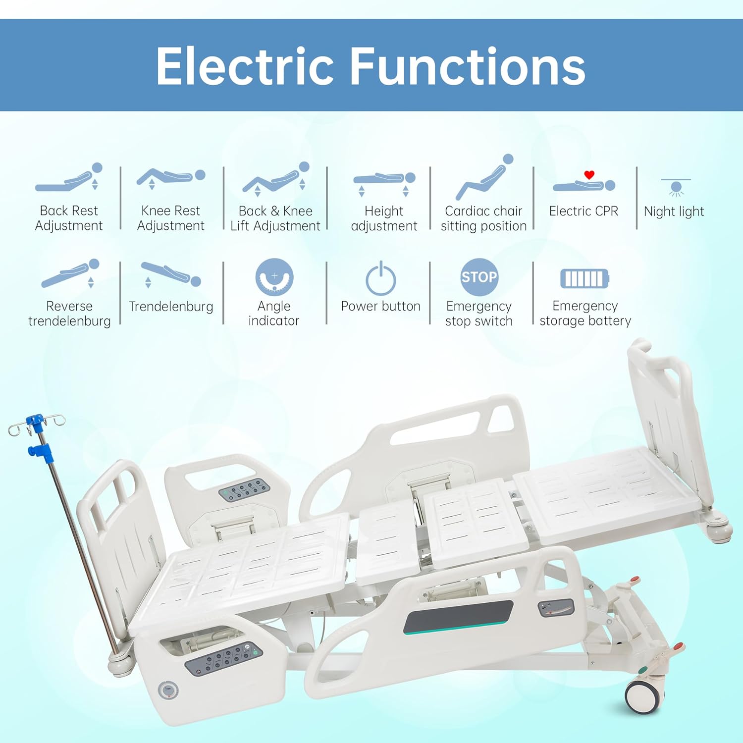 Real Relax Premium Multi Function Full Electric Hospital Bed, ICU Medical Bed with Cardiac Chair Position, Emergency Stop Button, underbed Night Light, one-Touch seat Position, 530LBS Loading