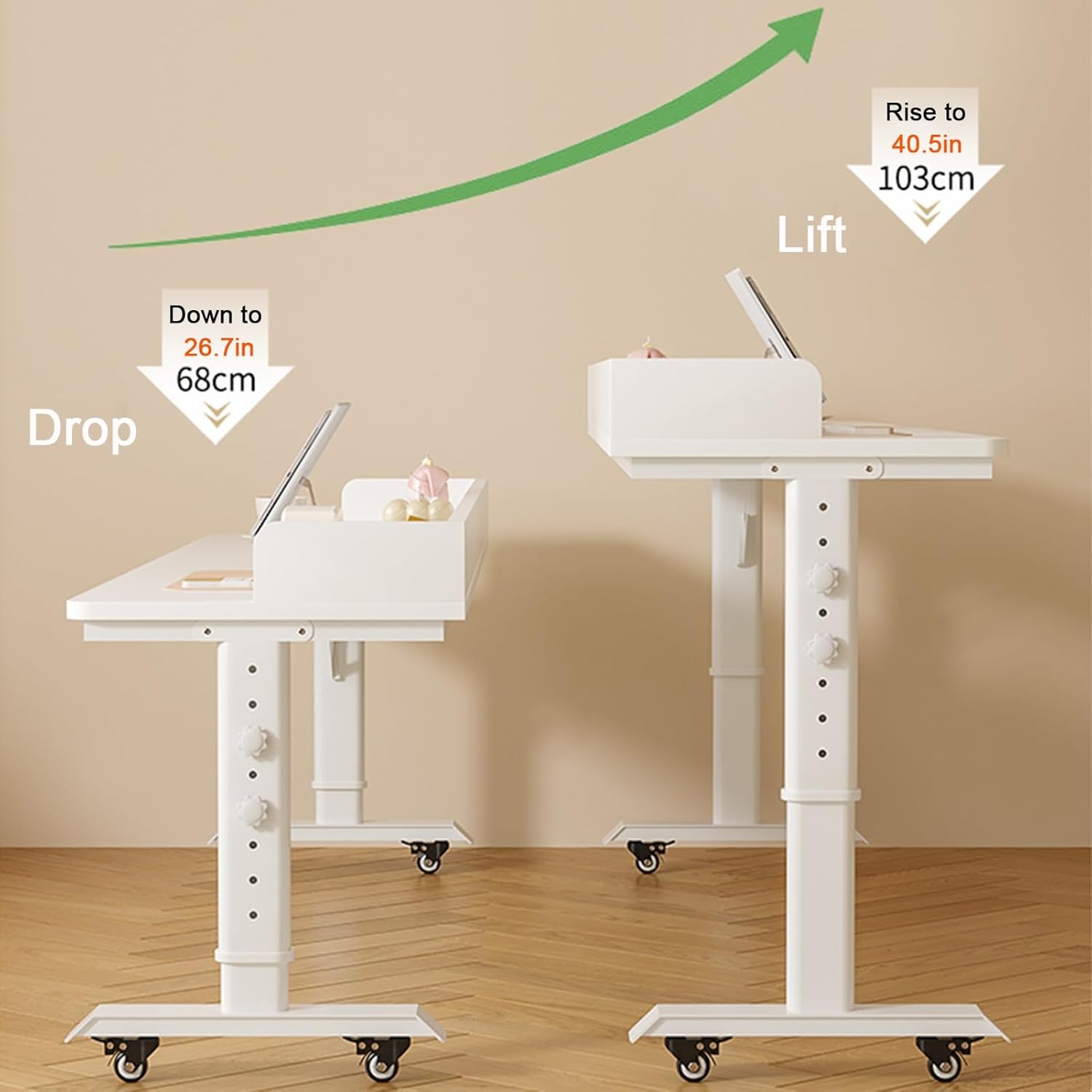 Overbed Table with Wheels, Adjustable Height Mobile Bedside Desk, Heavy Duty Metal Legs, Medical Use