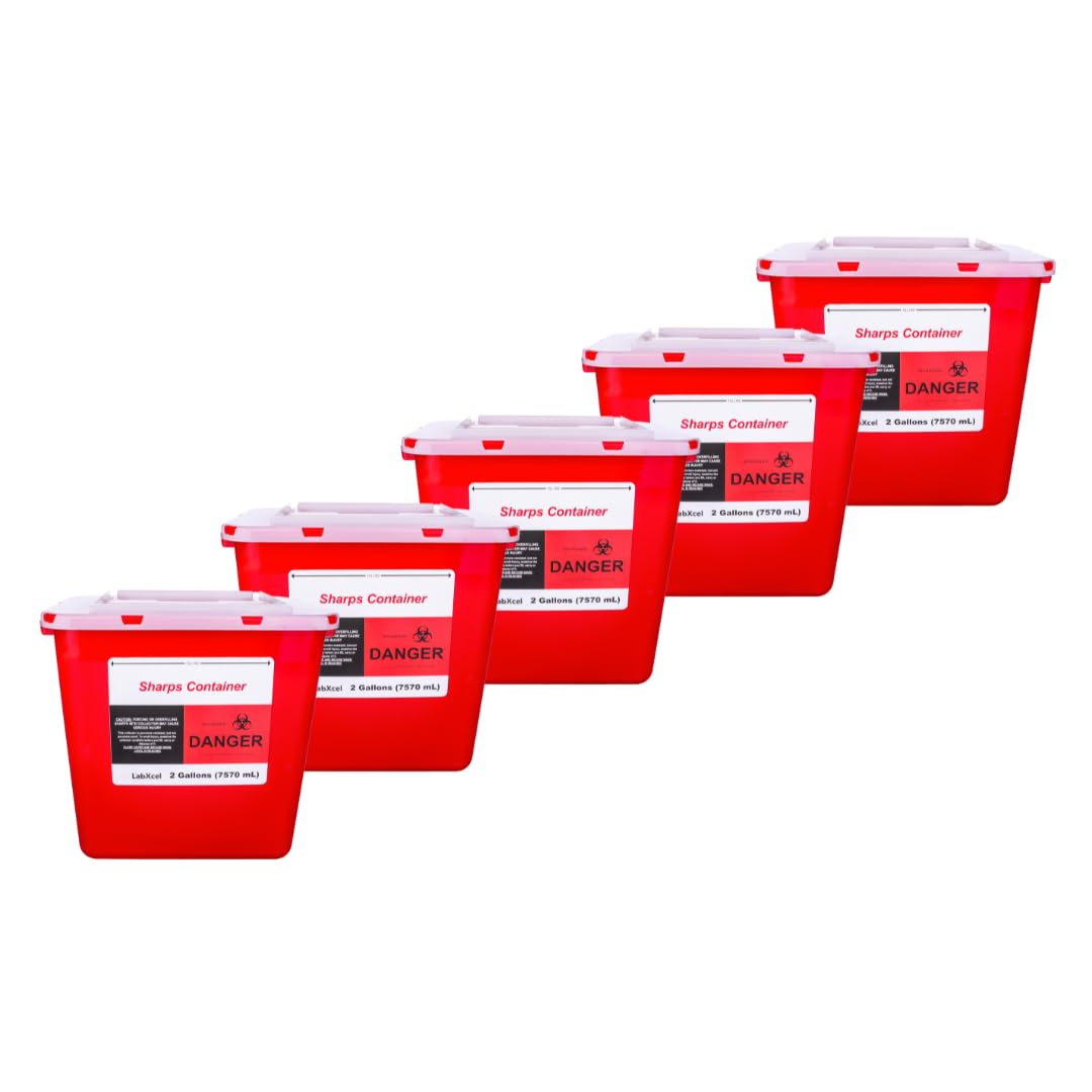 Polypropylene 2 Gallons Sharps Container with Cap – Needle & Syringe Disposal for Home & Professional Use, Free Standing, Translucent Sliding Lid, PVC-Free Medical Waste Bin – Red, 24 Count