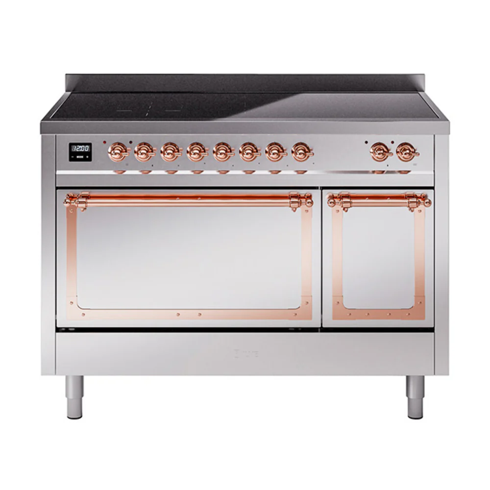 ILVE Nostalgie II Noblesse 48-Inch Induction Range with Solid Door Oven in Stainless Steel with Copper Trim (UNI486QNMPSSP)
