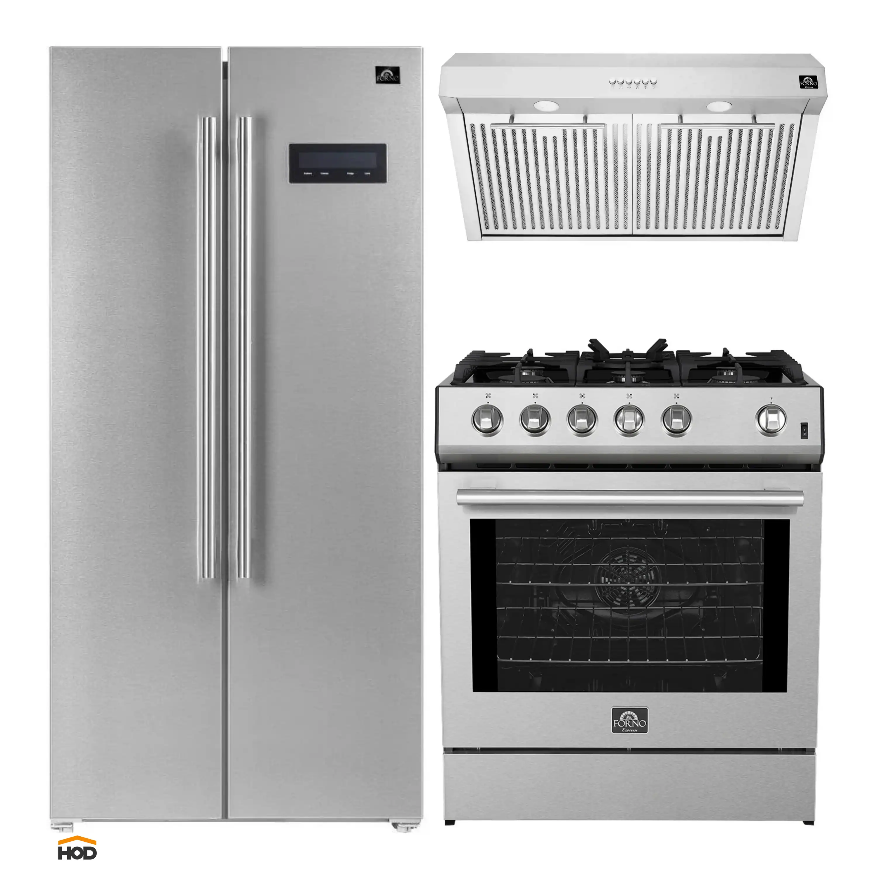 Forno 3-Piece Appliance Package - 30-Inch Gas Range, Under Cabinet Range Hood, & Side-by-Side Refrigerator in Stainless Steel