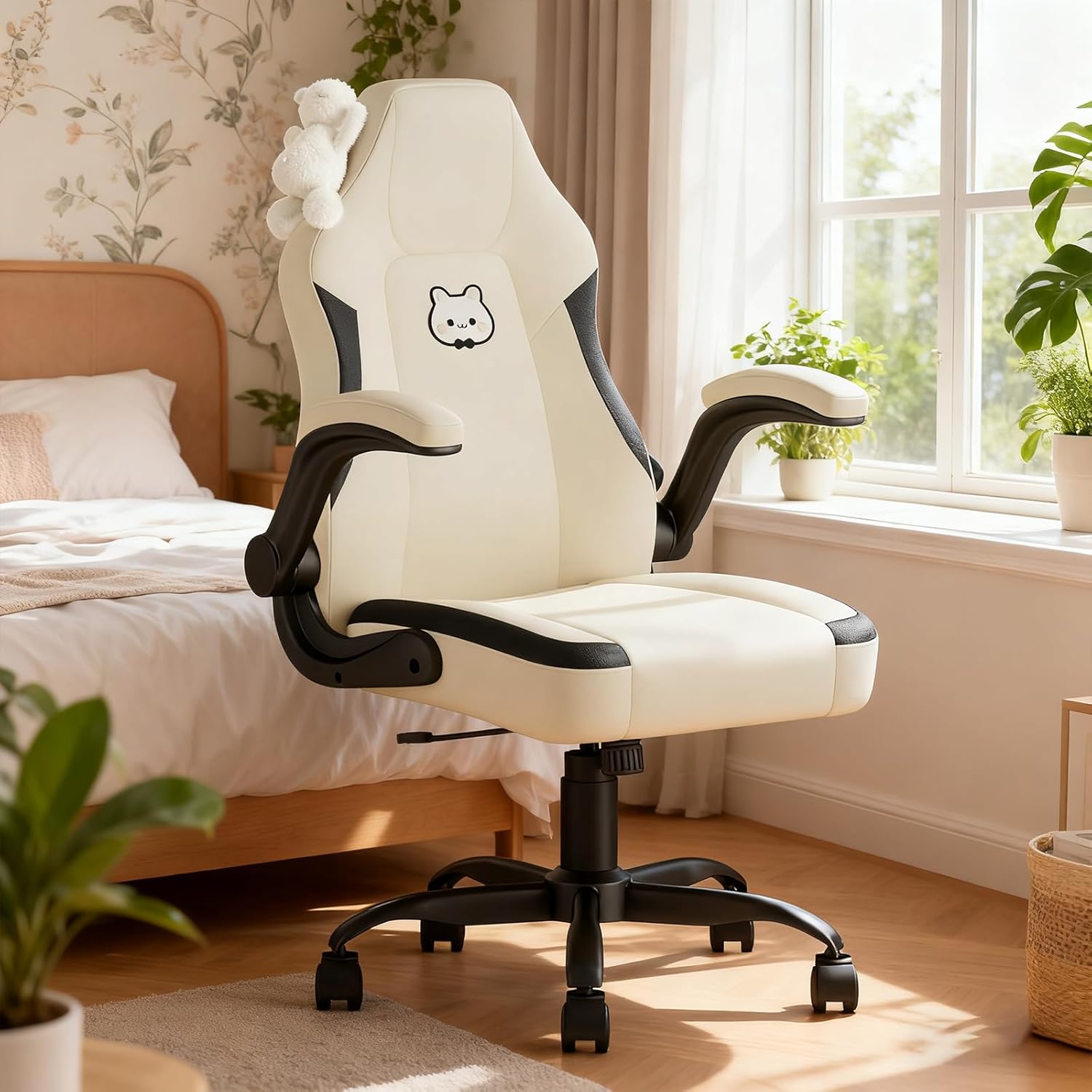 Gaming Chairs for Adults, Office Chair with Lumbar Support and Height Adjustable, Computer Chair with Flip-up Armrests, Home Office Task Chair, Swivel Task Office Chair for Work, Girl, Beige