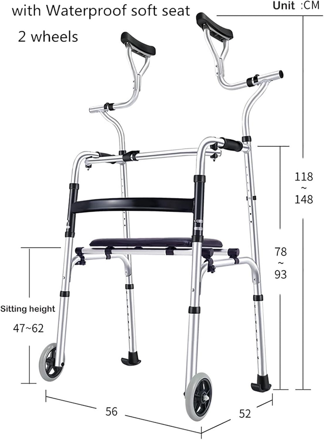 Elderly Walker Upright Posture Rolling Walker Adjustable Height and Width One-Button Folding with Armrest Support Pad Suitable for People with Reduced Mobility, The Elderly (Color : A)