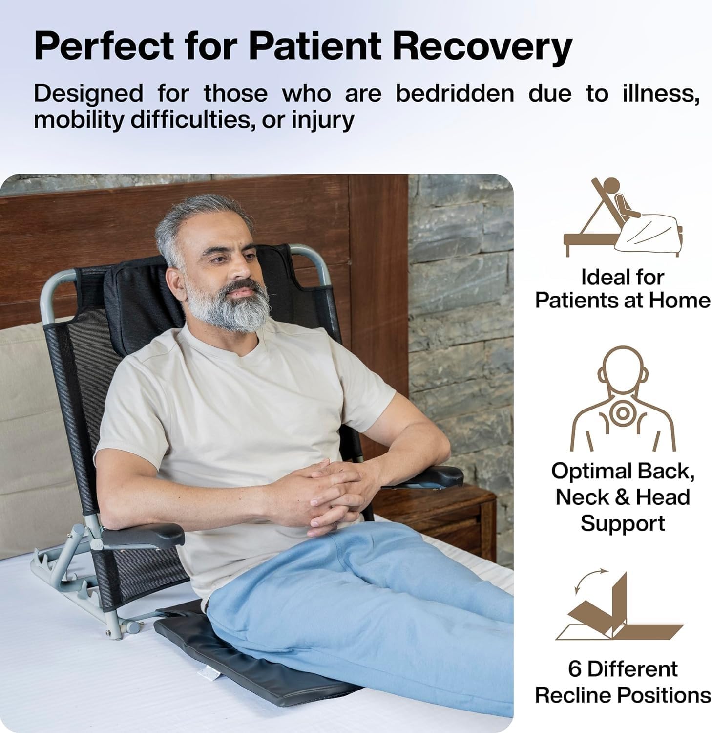 Adjustable Back Support for Bed with Arm Rest, Large Size, 6 Changeable Recline Angles, Foldable & Portable, Multifunction Bed Chair