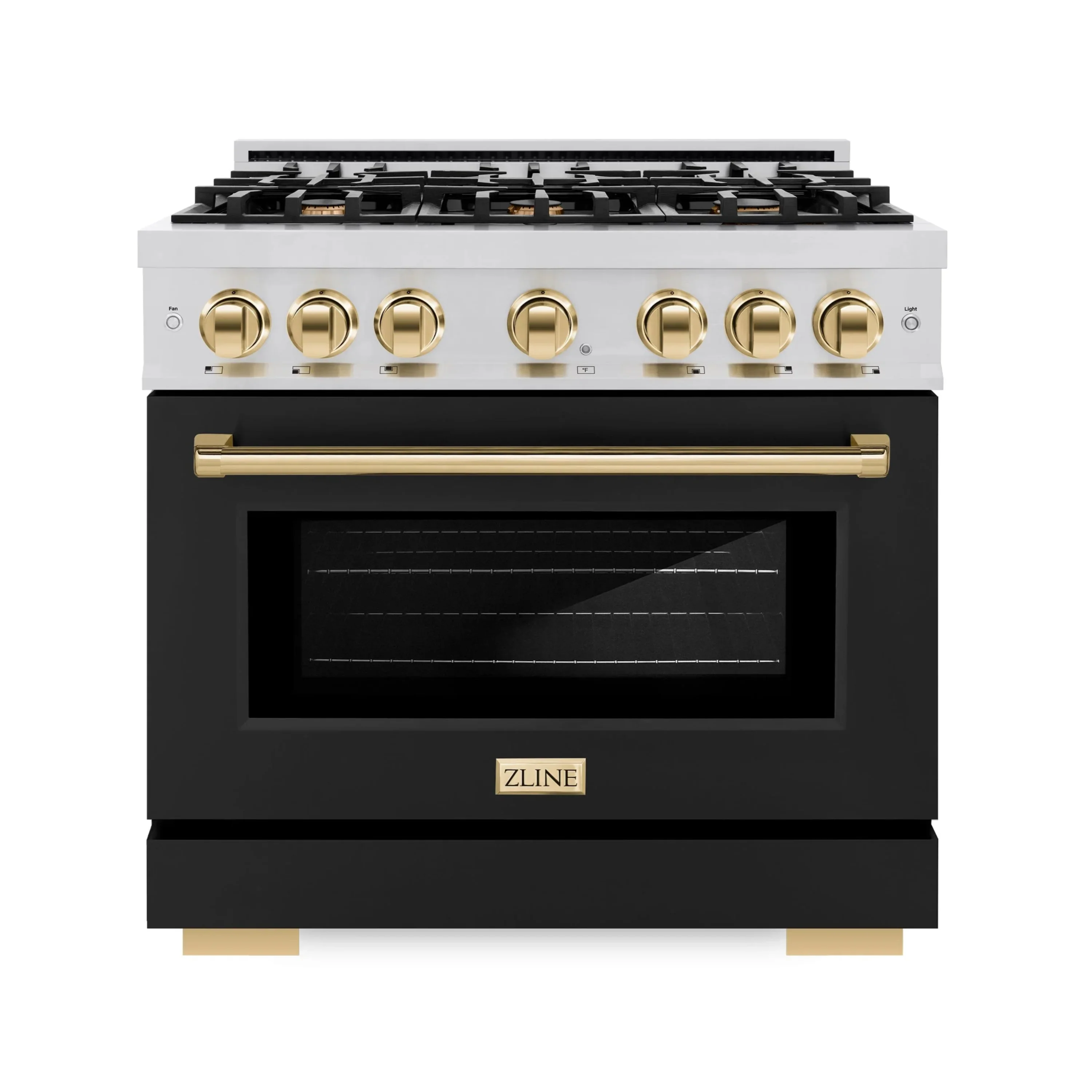ZLINE Autograph Edition 36-Inch Select Series Gas Range with 6 Gas Burner Cooktop and 5.2 Cu. Ft. Gas Convection Oven in Stainless Steel with Black Matte Door and Polished Gold Accents (HGRZ-BLM-36-G)