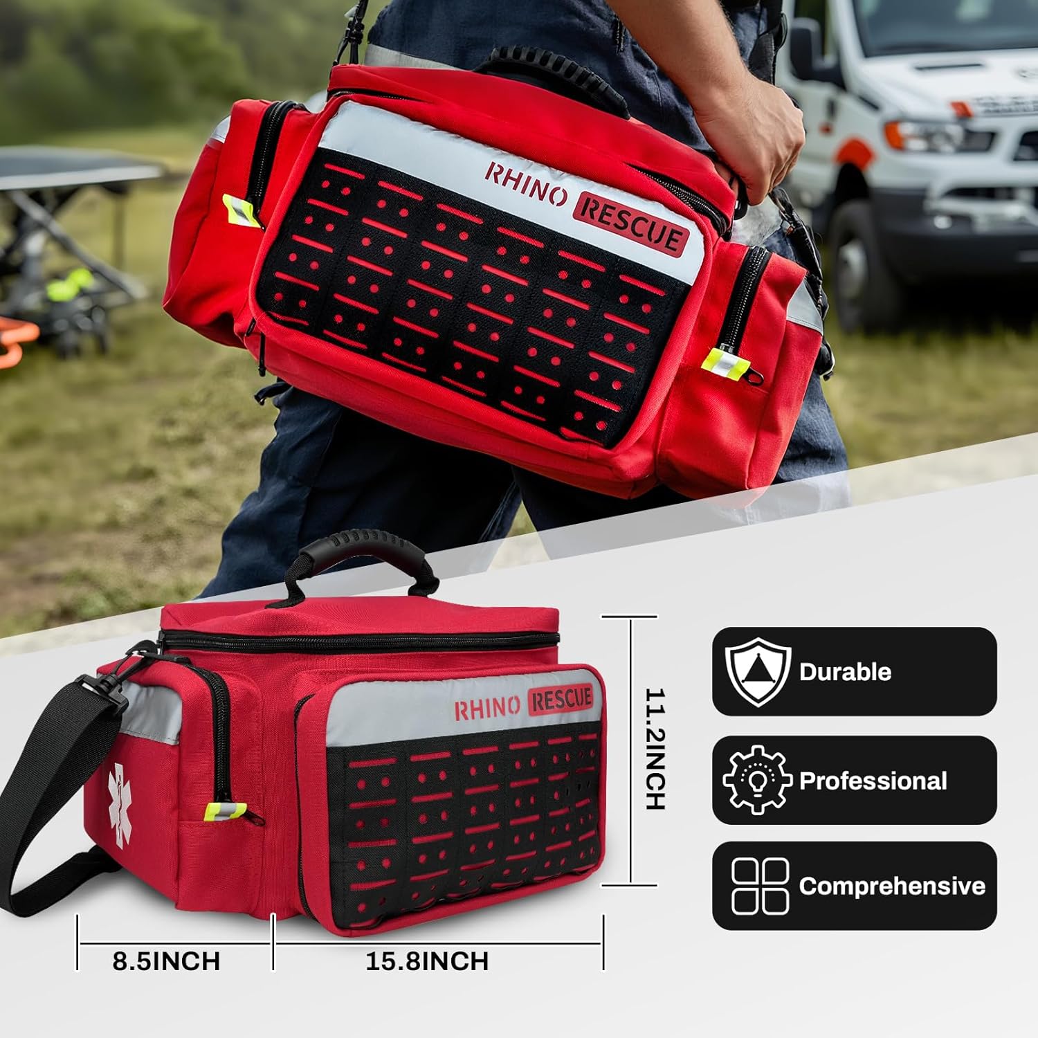 RHINO RESCUE First Responder First Aid Kit Fully-Stocked EMT Bag, Professional EMT/EMS Trauma Medical Kit, Molle System & Reflective Stripe, 300+ First Aid Supplies, Suits for Business, Home (Red)