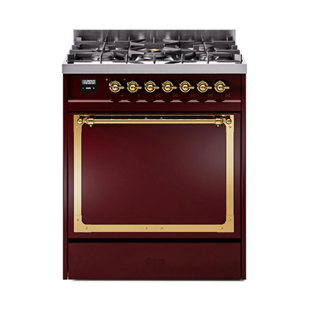 ILVE Nostalgie II Noblesse 30-Inch Dual Fuel Range with Solid Door in Burgundy with Brass Trim (UN30QNMPBUG)