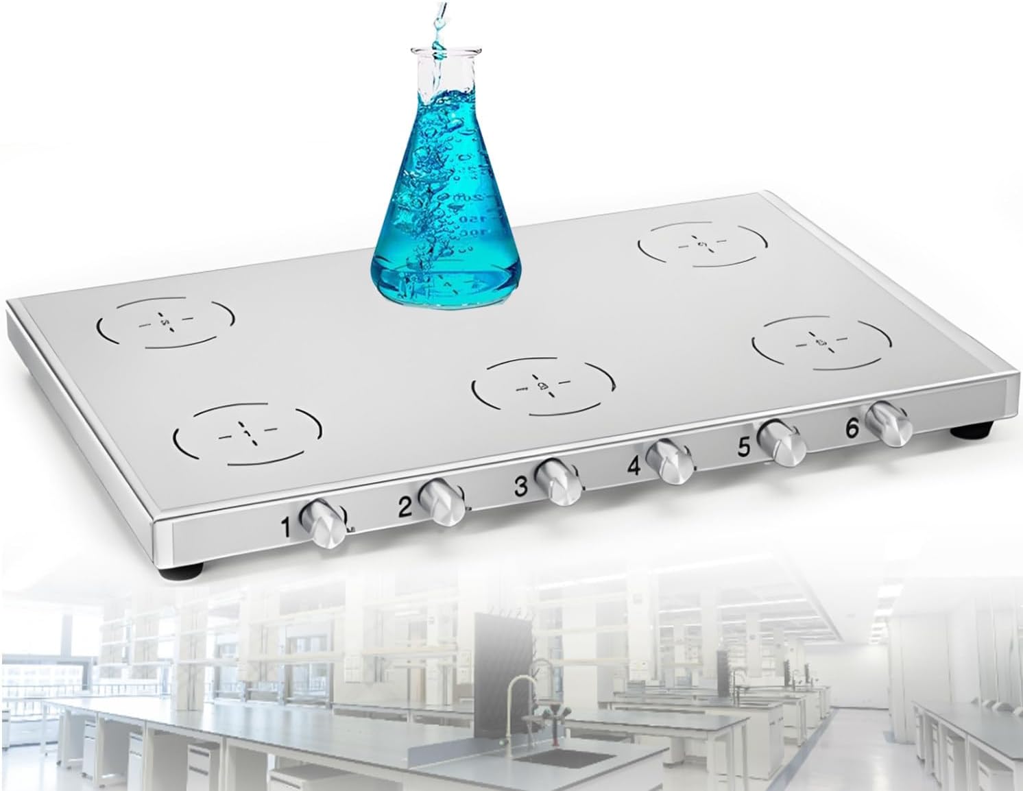Laboratory Small Ultra-Thin Stainless Steel Magnetic Stirrer,1/2/4/6 Multi-Position Magnetic Stirrer, Adjustable Speed 200-2000 RPM, for Efficient Mixing in Laboratory and Home Use LC-UMS-6
