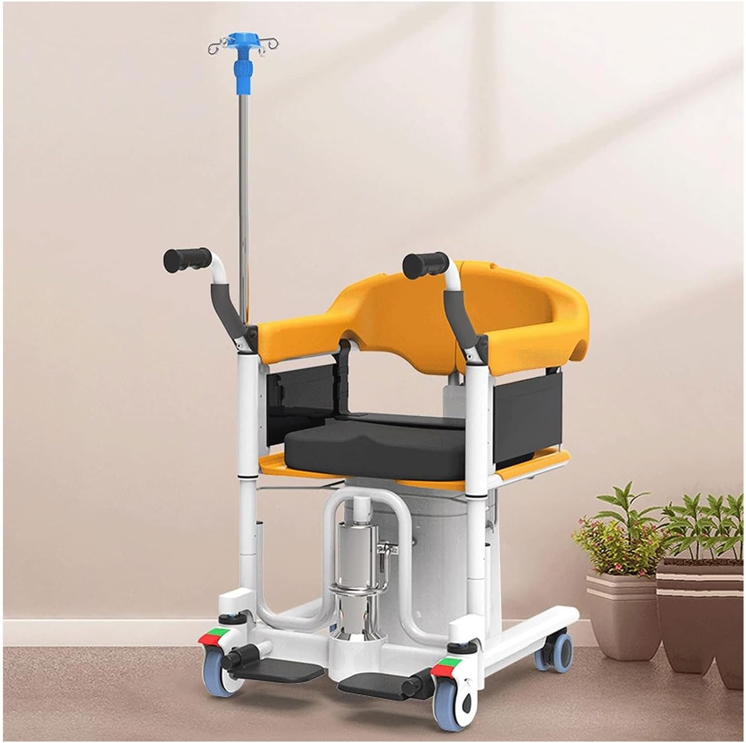 Transport Hydraulic Patient Lift for Home Elderly Disabled Full Body Patient Transfer Lifter w/180° Split Seat and Potty, IV Pole Multifunctional Bedside Commode (Yellow)