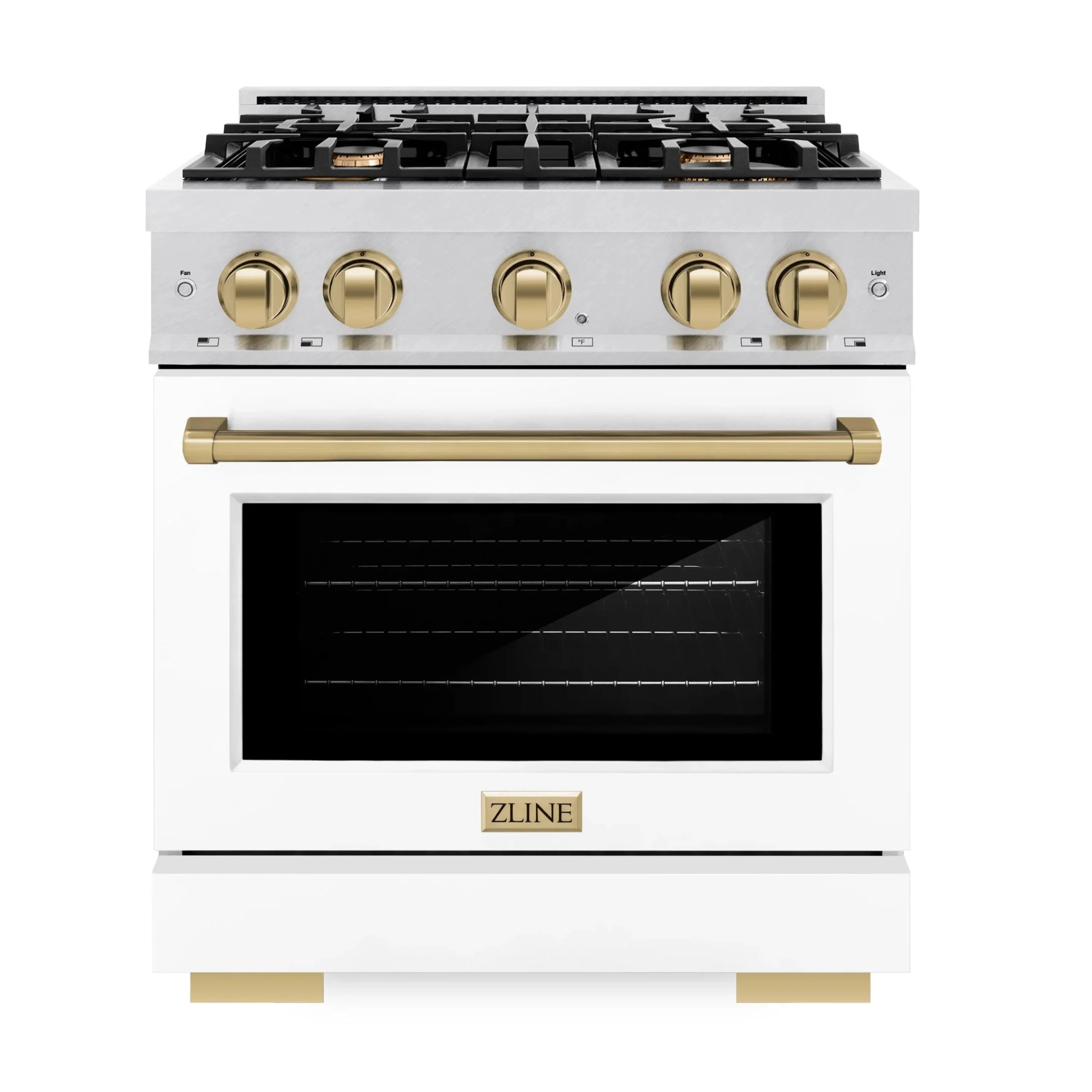 ZLINE Autograph Edition 30-Inch Select Series Dual Fuel Range with 4 Gas Burner Cooktop and 4.2 Cu. Ft. Electric Convection Oven in Satin Stainless Steel with White Matte Door and Champagne Bronze Accents (HDRSZ-WM-30-CB)