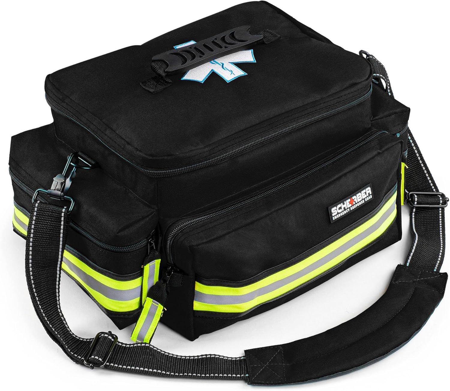 Scherber First Responder Fully-Stocked Professional Essentials EMT/EMS Trauma Kit | HSA/FSA Approved | Reflective Bag w/8 Zippered Pockets & Compartments & 200+ First Aid Supplies - Black