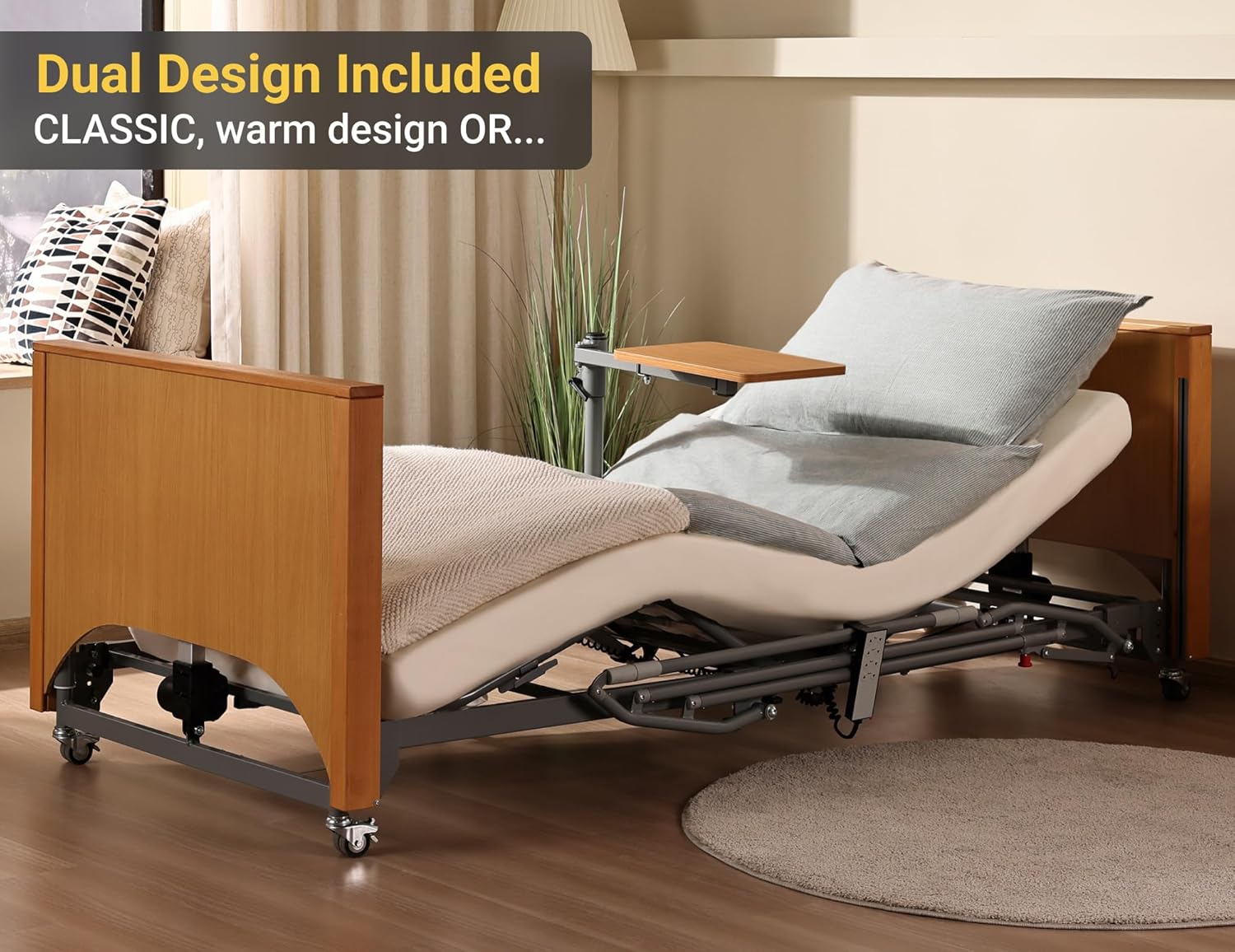 Electric Hospital Bed with Medical Mattress, Overbed Table & Rails - Advanced German Technology - 5 Functions with 8.5”-25” Adjustable Height for Home Use