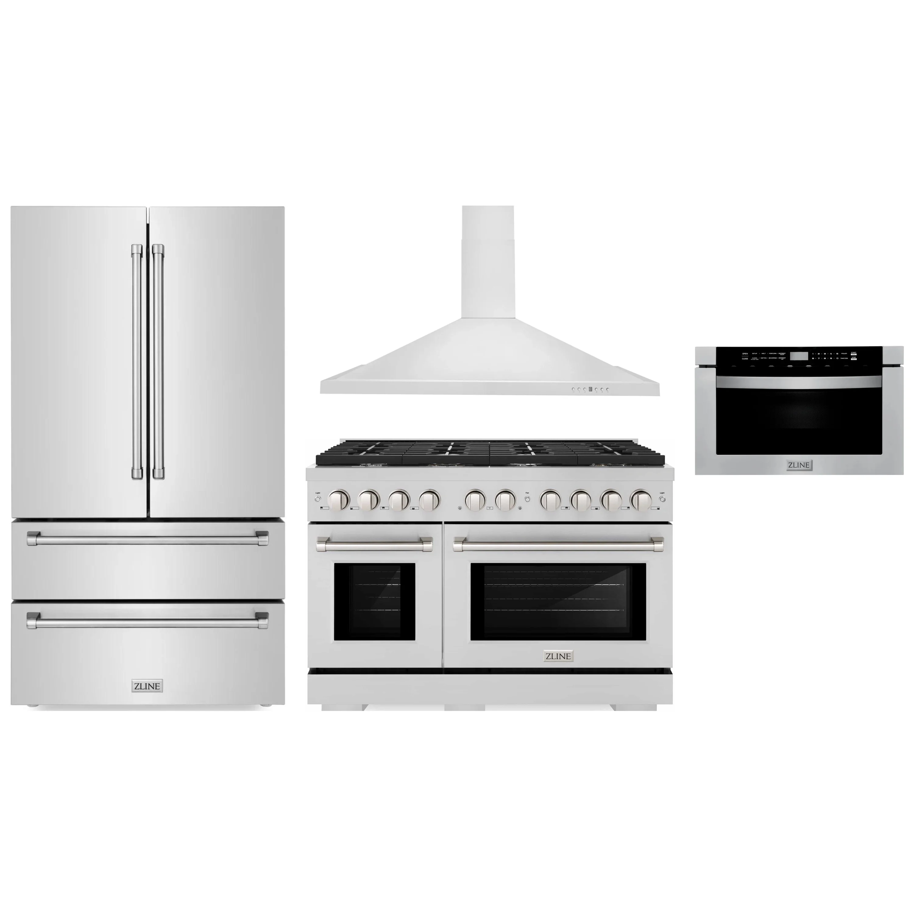 ZLINE 4-Piece Appliance Package - 48-Inch Gas Range, Refrigerator, Convertible Wall Mount Hood, and Microwave Drawer in Stainless Steel (4KPR-SGRRH48-MW)