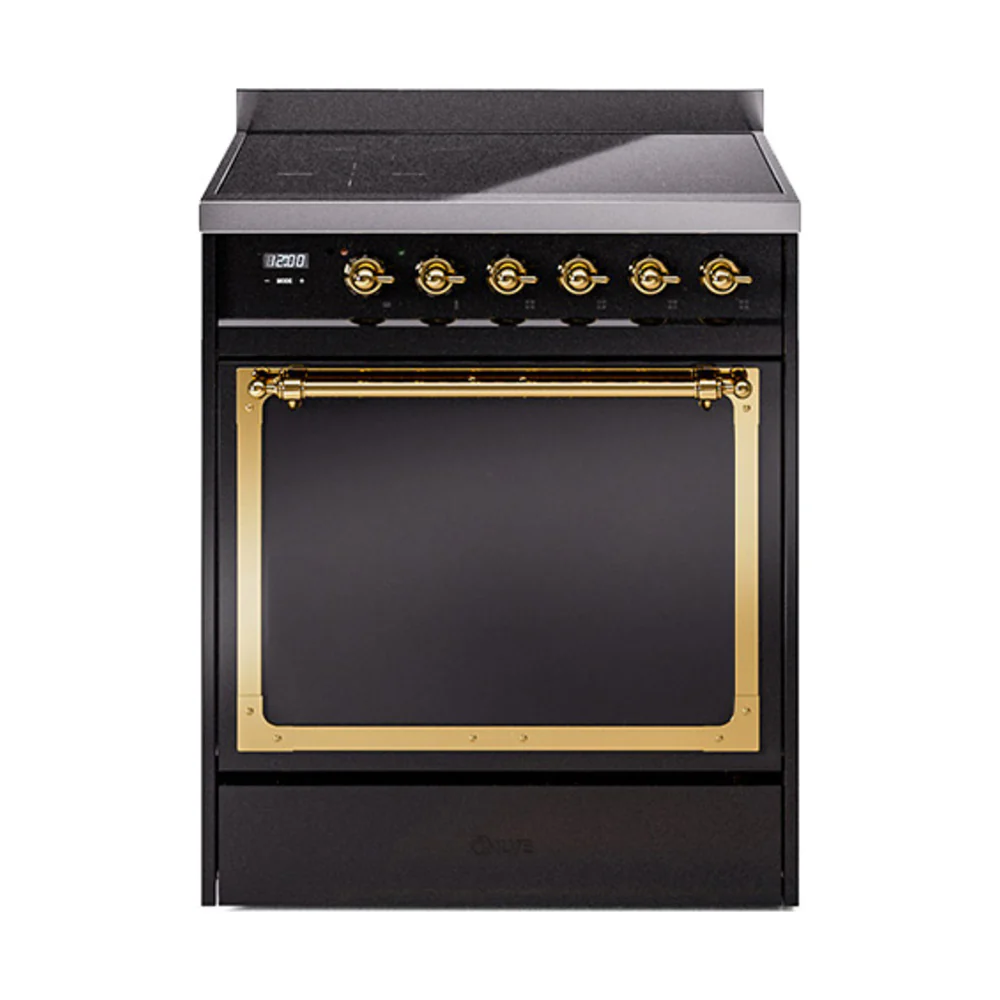 ILVE 30-Inch Nostalgie II Noblesse Induction Range with Solid Door Oven in Glossy Black with Brass Trim (UNI304QNMPBKG)