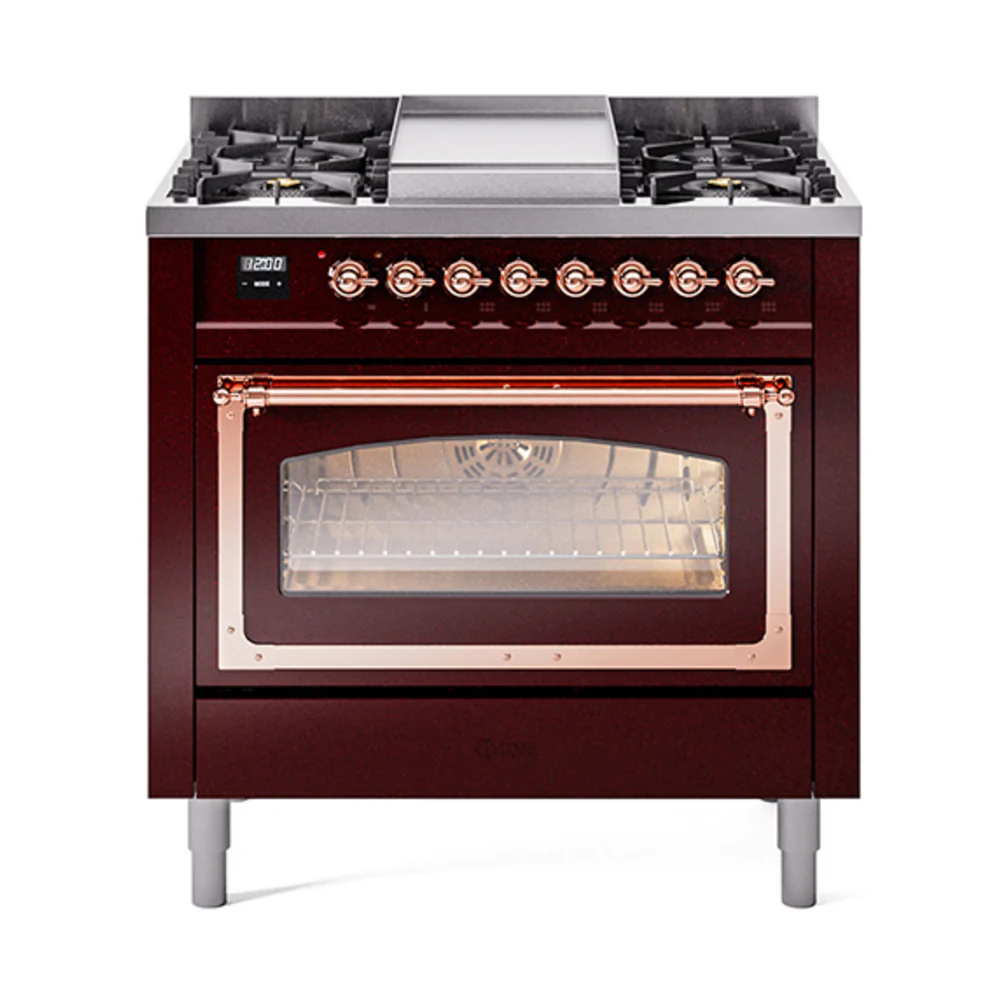 ILVE Nostalgie II Noblesse 36-Inch Dual Fuel Range and Triple Glass Door in Burgundy with Copper Trim (UN36FNMPBUP)