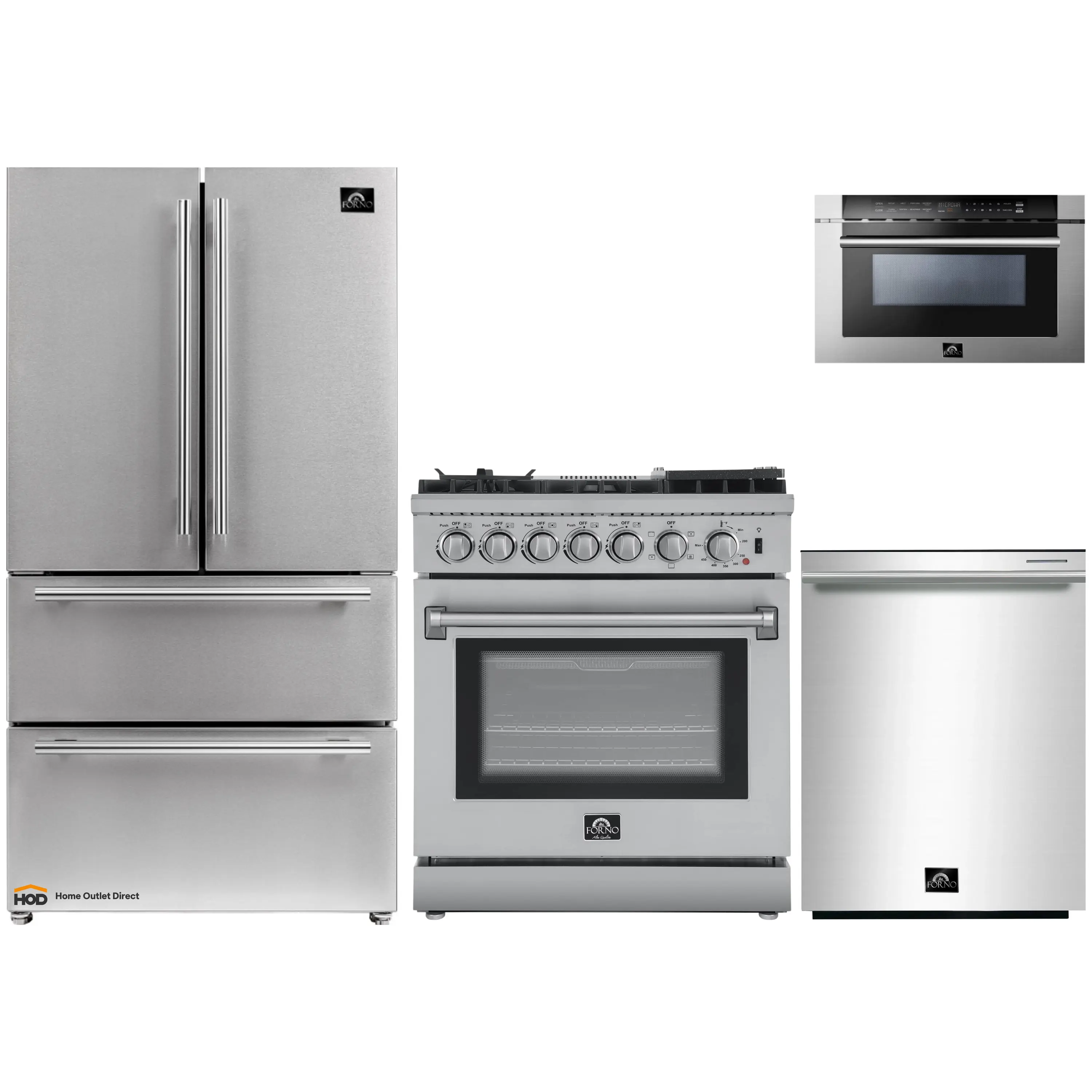 Forno 4-Piece Appliance Package - 30-Inch Dual Fuel Range with Air Fryer, Refrigerator, 24-Inch Microwave Drawer, & 3-Rack Dishwasher in Stainless Steel