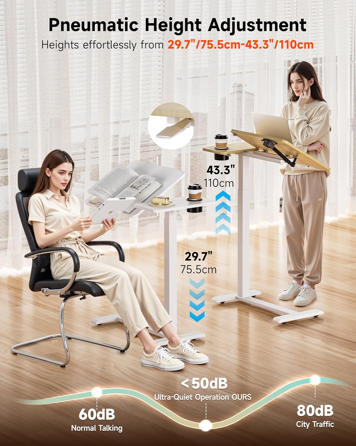 BZIUM Overbed Bedside Table with Hidden Wheels, Adjustable Medical Tilt Top Hospital Bed Table Over The Bed, Rolling Desk Mobile Standing Desk (27.6x15.8, White)