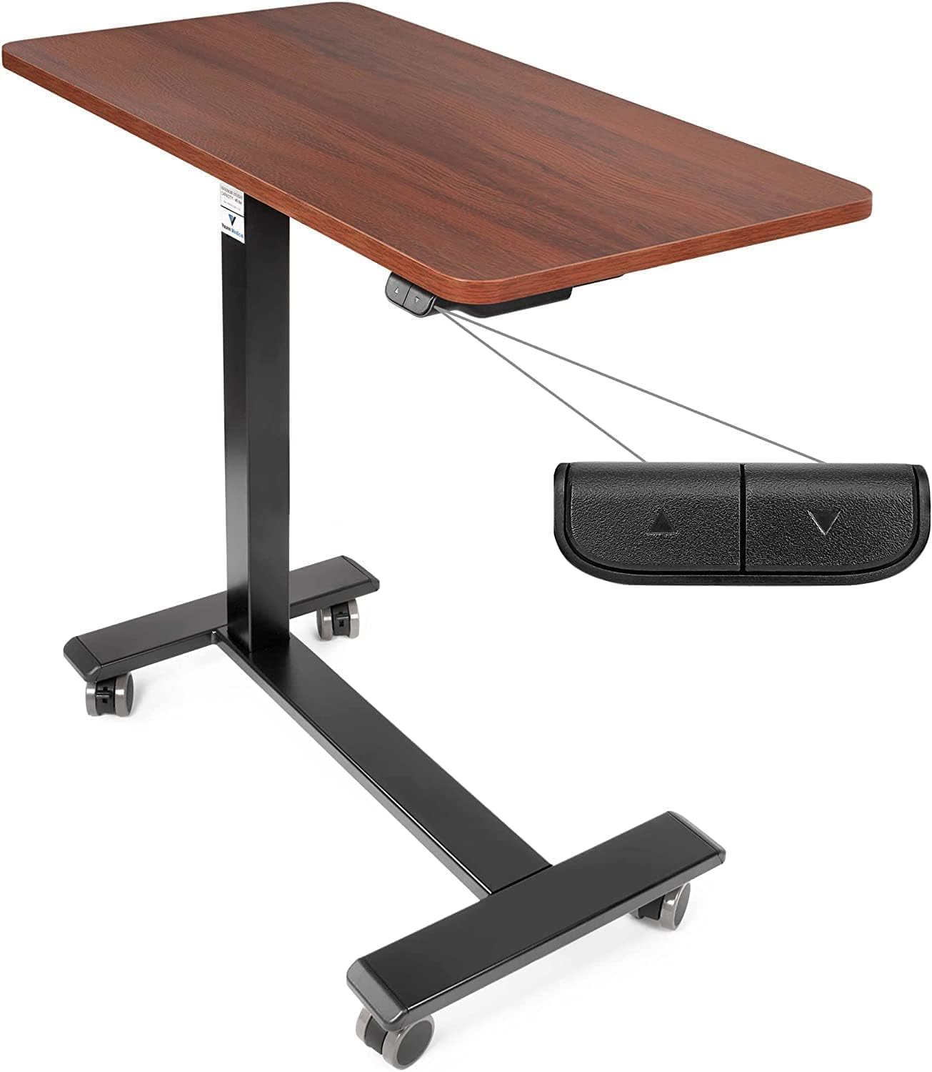 Vaunn Medical Electric Overbed Table Bedside Height Adjustable Table with Wheels (Electric-Powered, Hospital and Home Use) - Brown (Organic Modern)