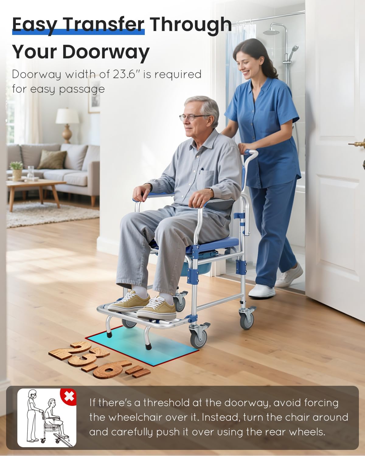 Bedside Commode Wheelchair with Drop Arms & Lockable Casters, Waterproof Aluminum Shower Chair, Anti-Tilt Foldable Footrest, Sponge Padded Seat, 330lbs Weight Capacity, 3 in 1 Bedside Commode Chair