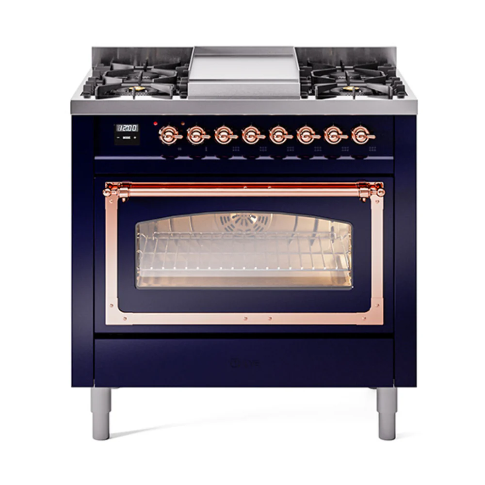 ILVE Nostalgie II Noblesse 36-Inch Dual Fuel Range and Triple Glass Door in Midnight Blue with Copper Trim (UN36FNMPMBP)