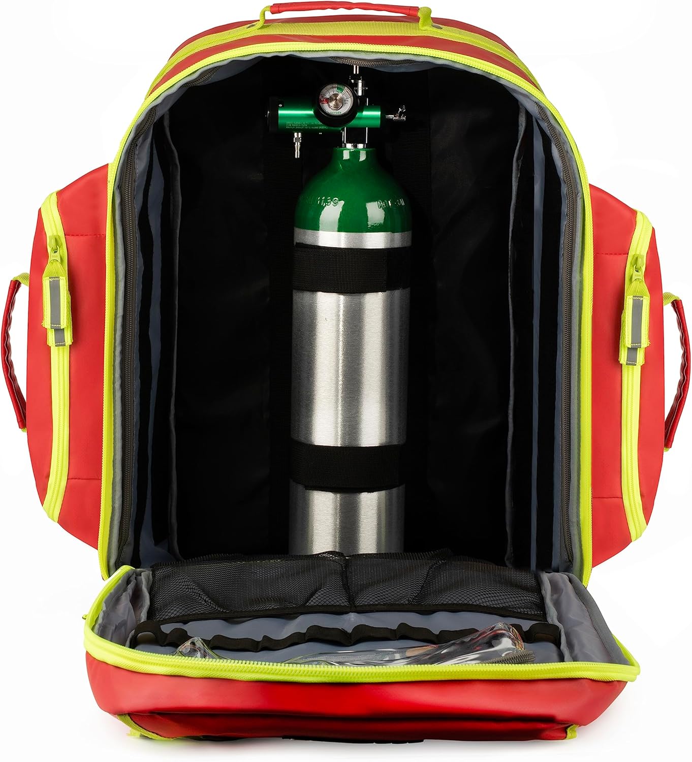 Scherber Fully-Stocked Premium First Responder Backpack | EMT/EMS Medic Trauma & Oxygen Medical Professional Kit | Bag w/ 4 Color-Coded Removable Pouches, O2 Storage, & 250+ First Aid Supplies - Red