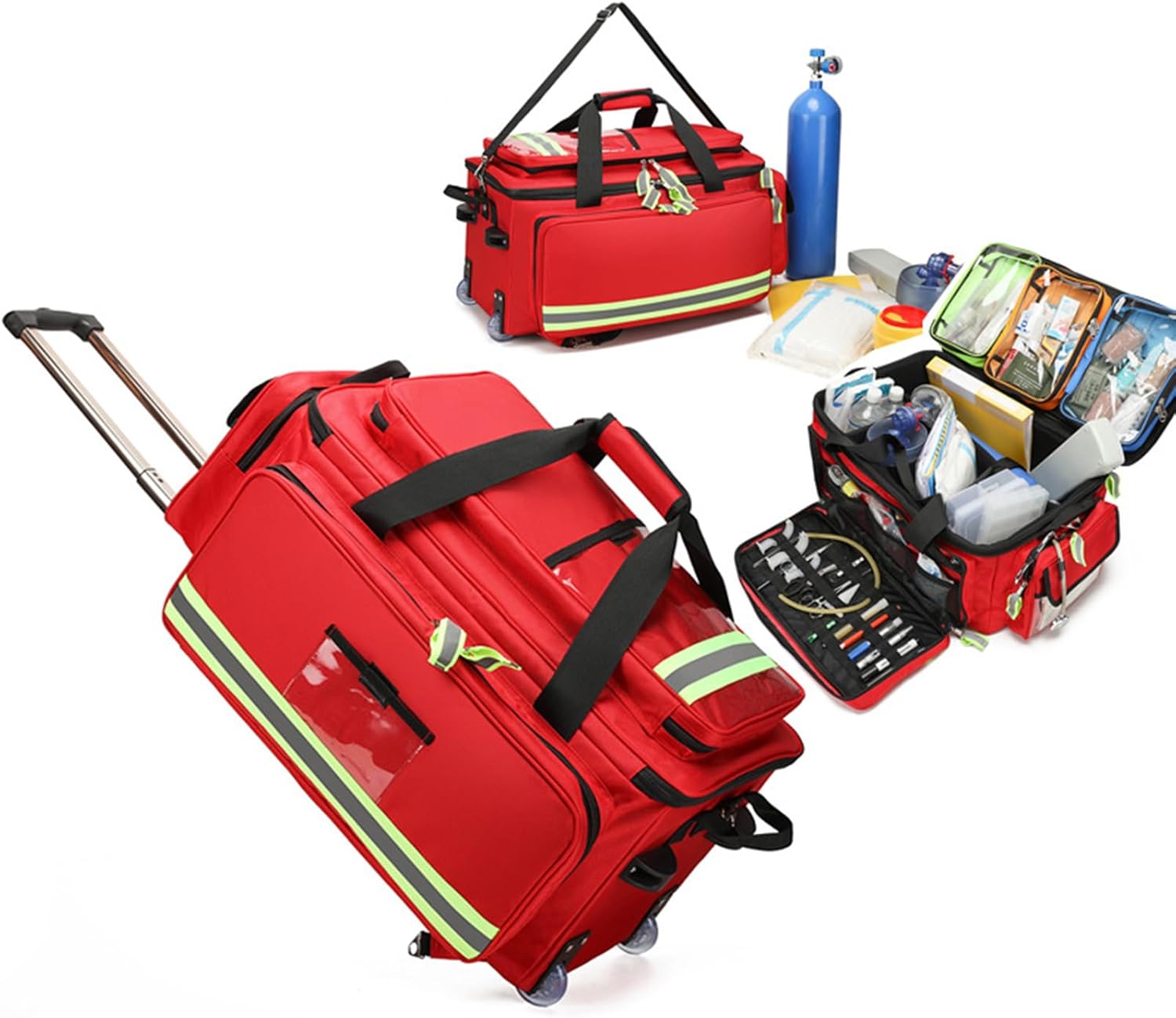 Large Capacity Medical Trolley Bag Empty, Rolling Medical Bag with Wheels, 1800D Oxford Cloth, with Compartments/Reflective Strips, for Home Health, Outdoor Rescue