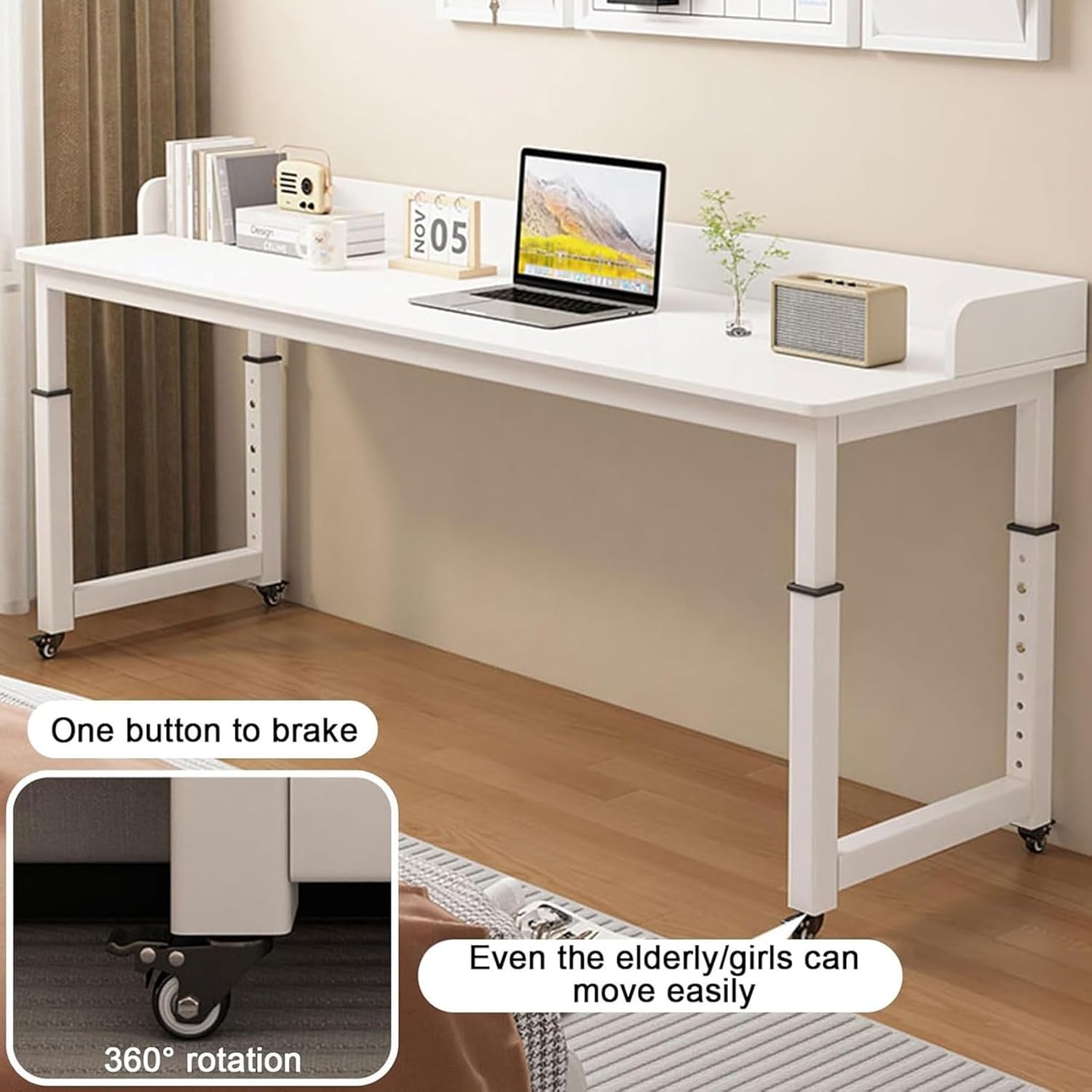 Overbed Table with Wheels, Adjustable Height, Mobile Over Bed Table, Standing Workstation, Portable Medical Over Bed Desk Space Saving for Home and Hospital,White,59.1