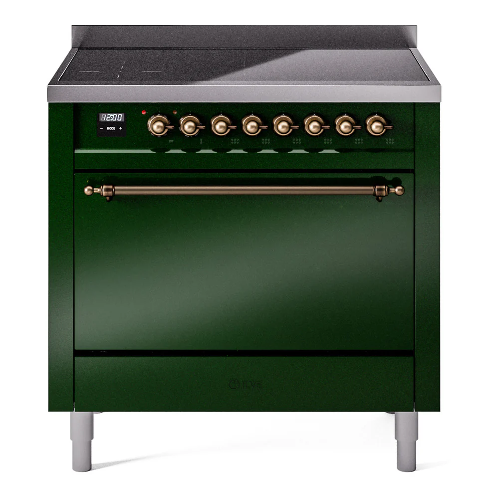 ILVE 36-Inch Nostalgie II Induction Range with Solid Door Oven in Emerald Green with Bronze Trim (UPI366QNMPEGB)