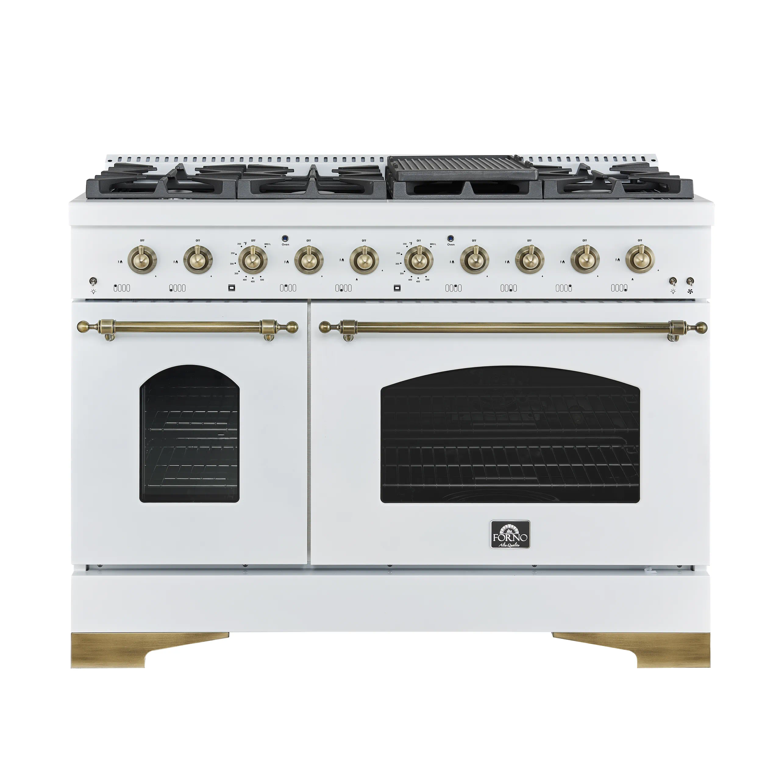 Forno Antico 48-inch Dual Fuel Range with 8 Gas Burner Cooktop and 5.5 Cu.Ft. Electric Convection Oven in White with Antique Brass Trim (FFSGS6113-48WHT)