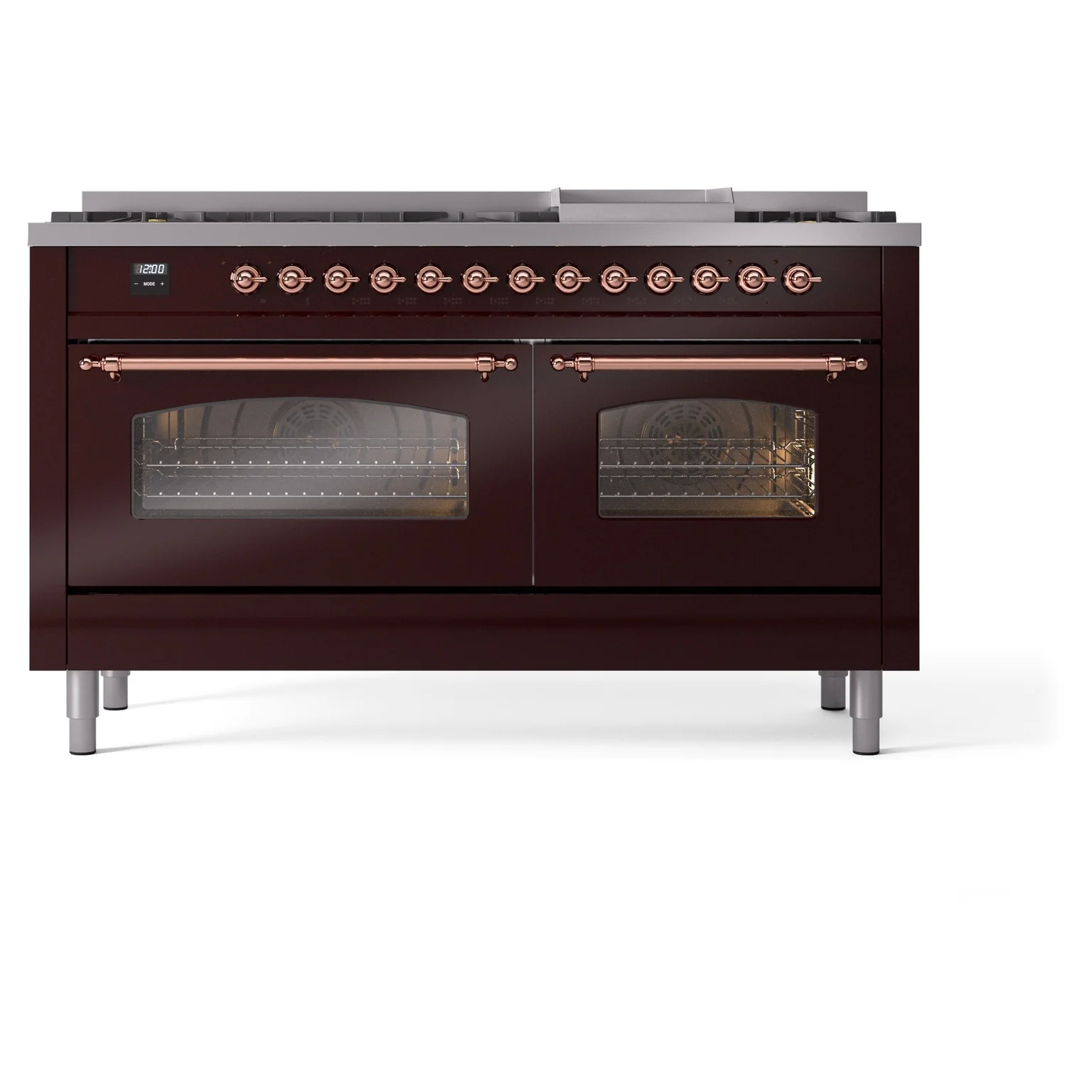 ILVE 60-Inch Nostalgie II Dual Fuel Range with 9 Burners, Griddle and Triple Glass Door Oven in Burgundy with Copper Trim (UP60FNMPBUP)