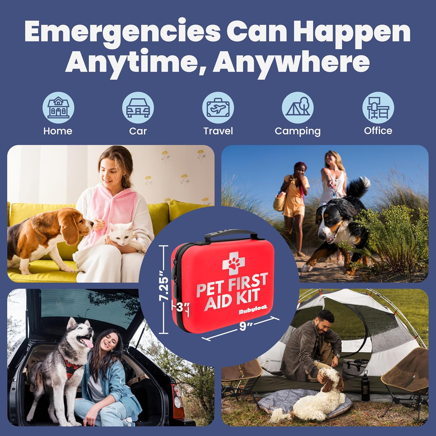 Dog First Aid Kit 3-Pack – 2 Hard-Sided & 1 Compact Travel Pet First Aid Kits – Vet-Approved Emergency Supplies with First Aid Guide, Tick Remover, Thermal Blanket for Hiking, Camping, Car, RV
