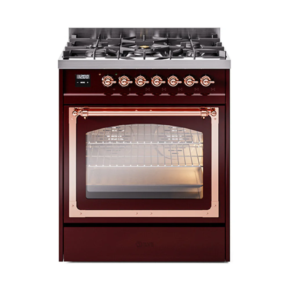 ILVE Nostalgie II Noblesse 30-Inch Dual Fuel Range with Triple Glass Door in Burgundy with Copper Trim (UN30NMPBUP)