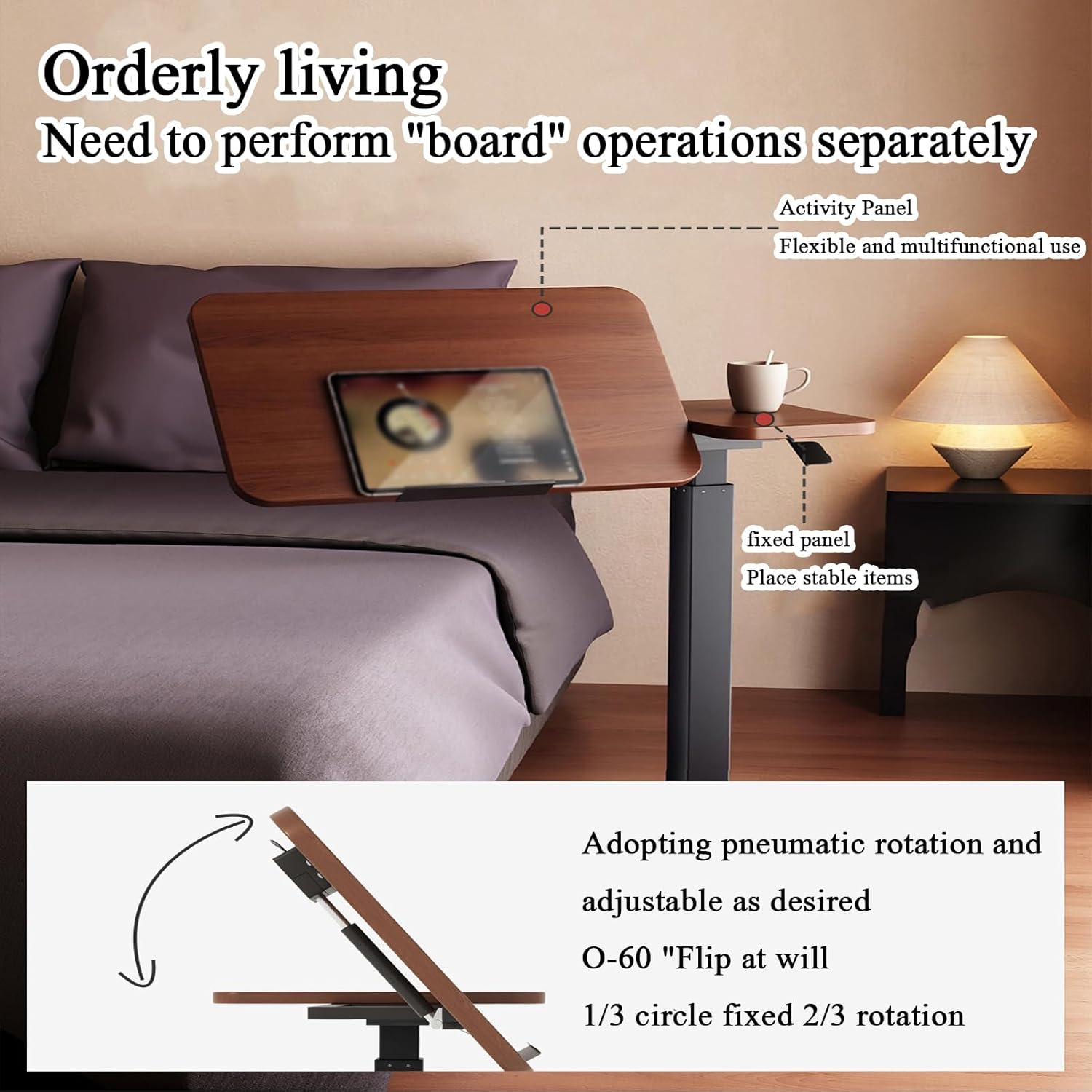 ELQ Solid Wood Overbed Bedside Table with Wheels, Adjustable Tilt Hospital Bed Table with Hidden Casters, Pneumatic Lifting, for Bedroom, Hospital, Couch, Office