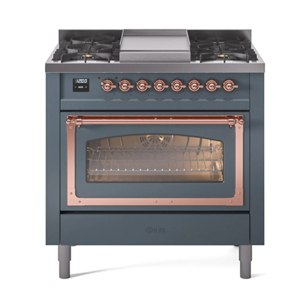 ILVE Nostalgie II Noblesse 36-Inch Dual Fuel Range and Triple Glass Door in Blue Grey with Copper Trim (UN36FNMPBGP)